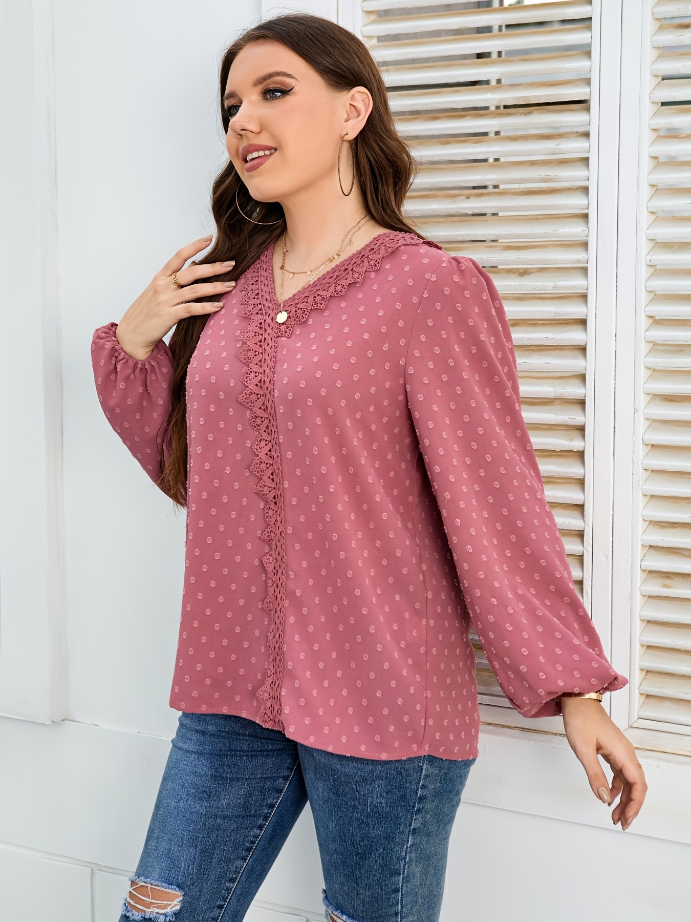 Plus Size Lantern Sleeve V Neck Solid Contrast Lace Blouse - Temu Canada