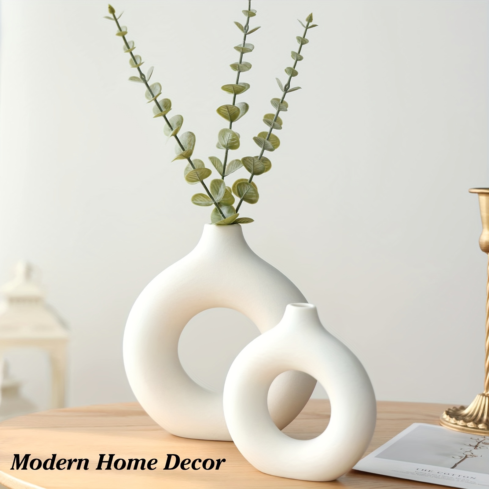Juego de 2 jarrones de cerámica circulares modernos de color blanco, diseño  nórdico circular mate hueco, floreros decorativos minimalistas, estilo