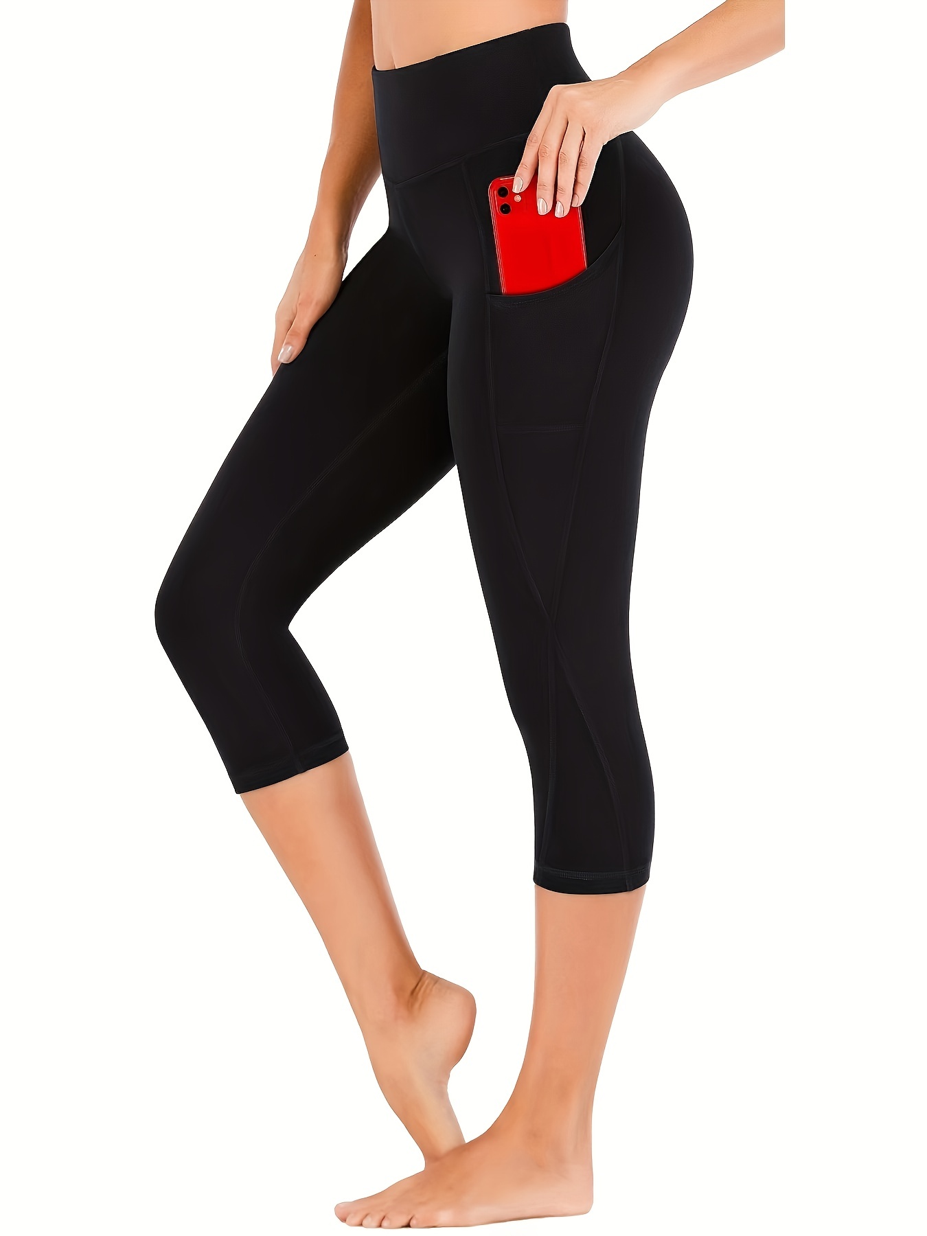 Solid Color Sports Capri Leggings With Pocket High Waisted - Temu