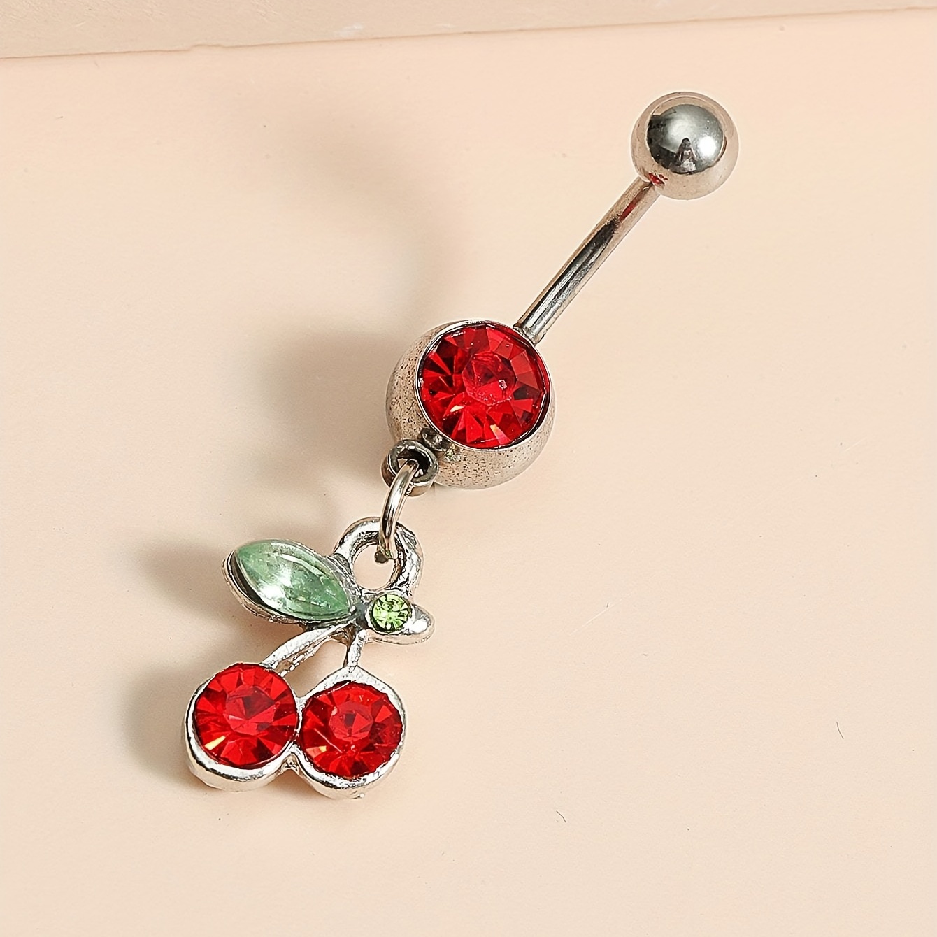 Cherry Rhinestone Stainless Steel Navel Ring Belly Button Ring