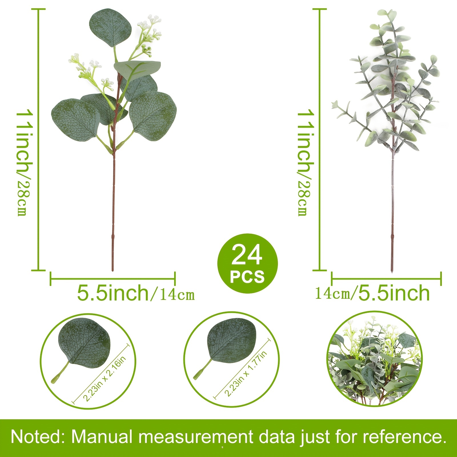 20pcs Mixed Eucalyptus Leaves Stems Bulk Artificial Oval Eucalyptus