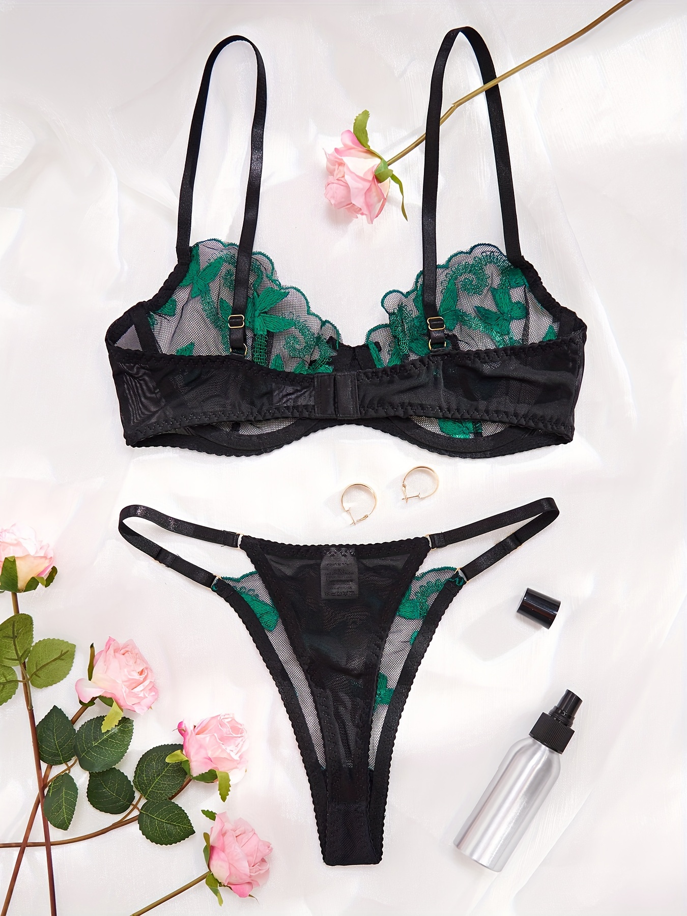 Floral Embroidery Lingerie Set Sheer Bow Tie Unlined Bra - Temu Canada