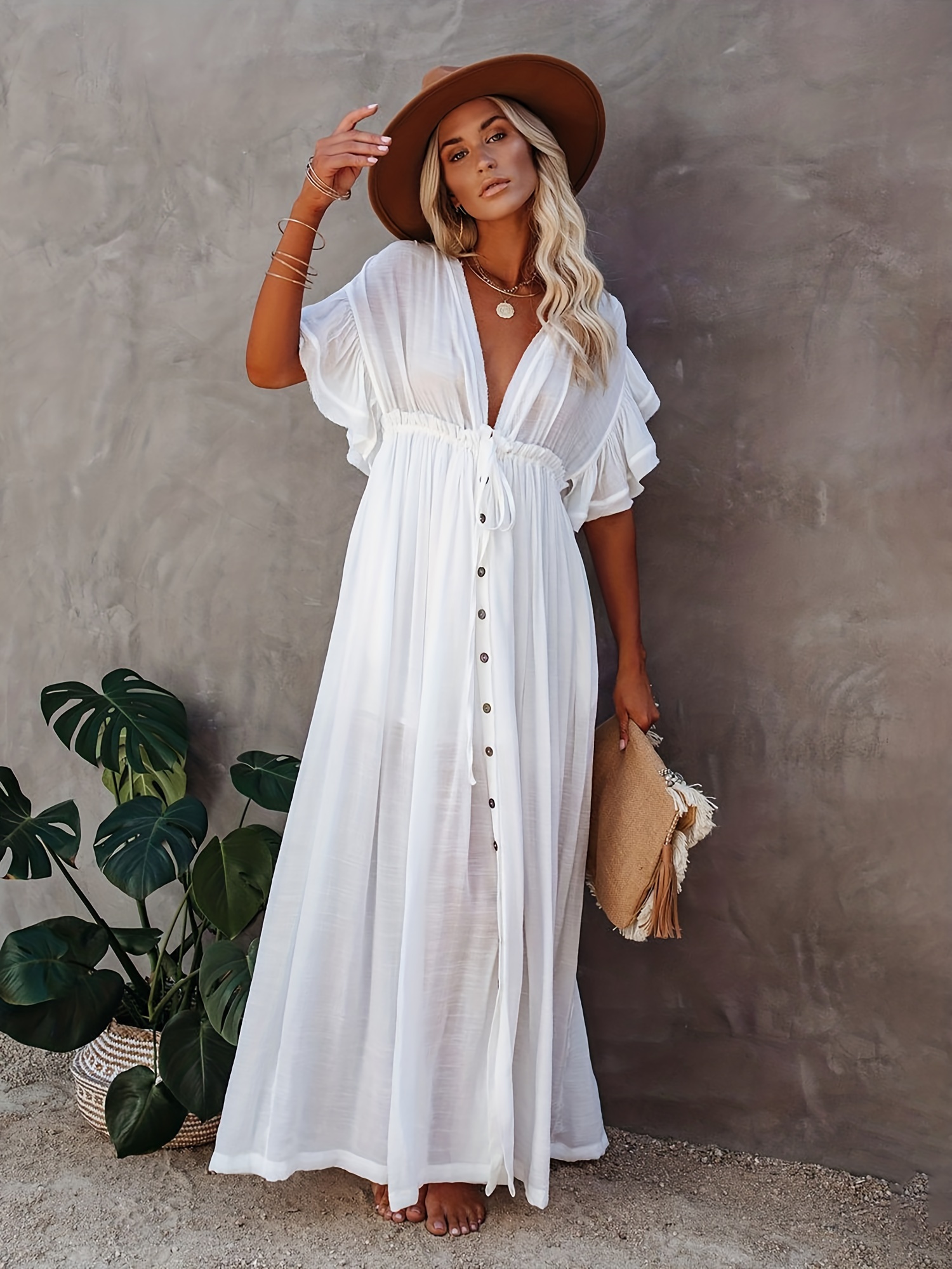 Ruffle Sleeve Beach Cover Up Dress Boho Style Tie Back Backless Kaftan