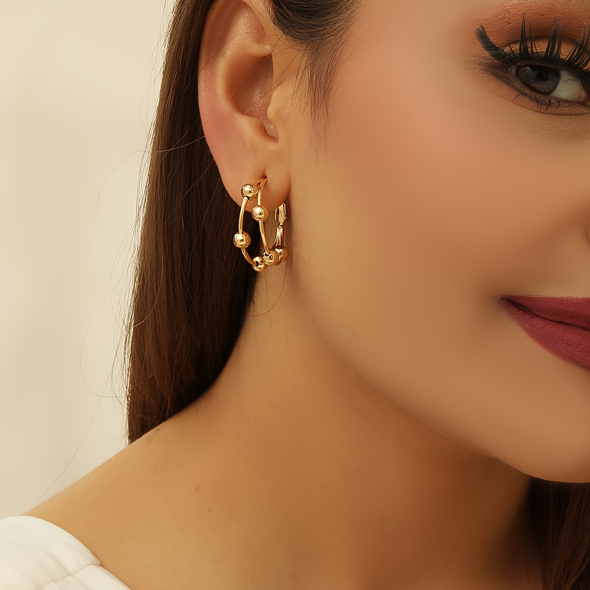 

Minimalist And Unique Double Layer Metal Bead Hoop Earrings, Luxury, Trendy Lightweight 18k Gold Plated Earrings Jewelry