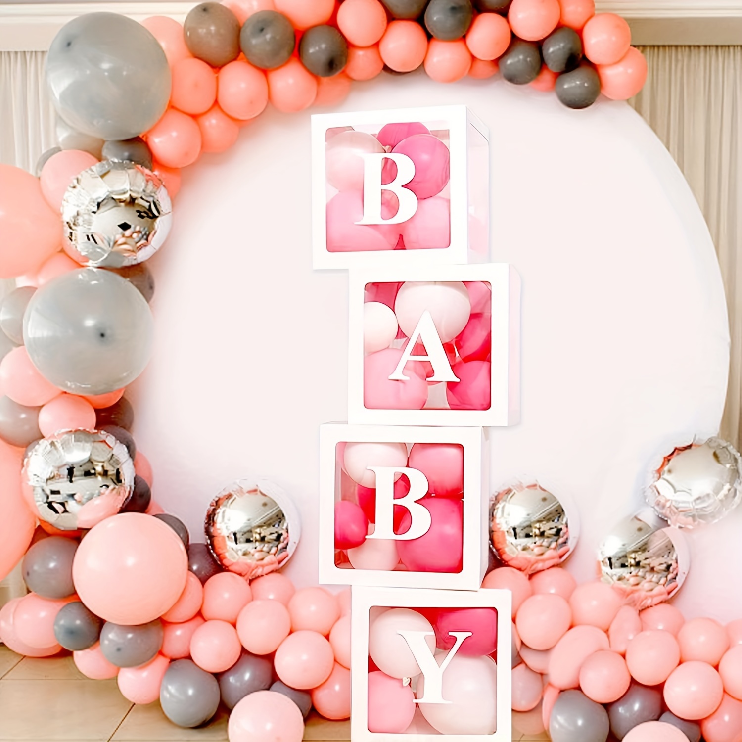 4 cajas de bebé con letras para baby shower, caja de globos plateados  transparentes de colores para bebé con 4 letras (BABY) para globos de  fiesta