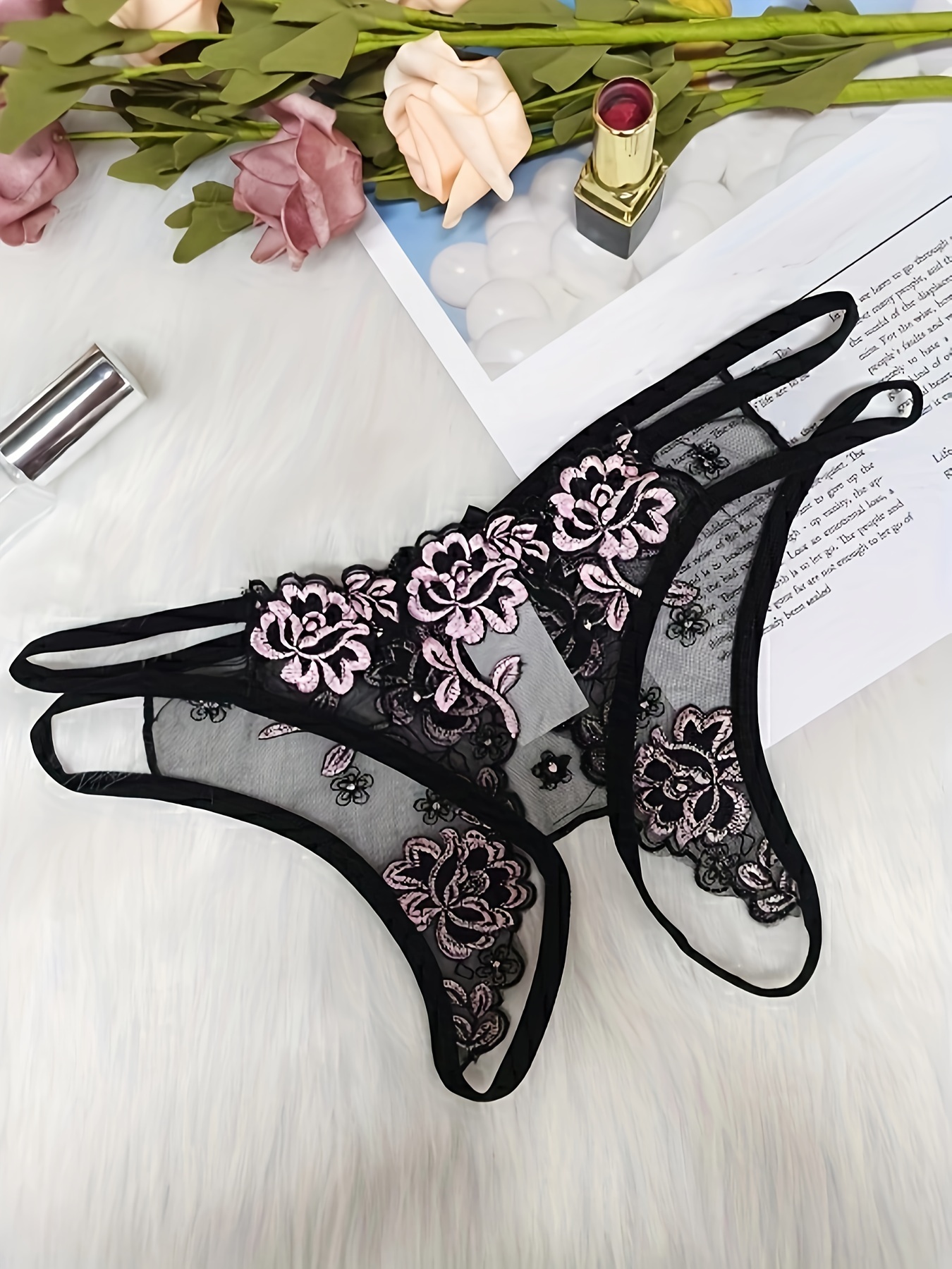 Women's Sexy Underwear, French Embroidery Design, Open Crotch, Mesh And  Hollow Out Style, Transparent T-shaped Panties Without Detaching, Low Waist