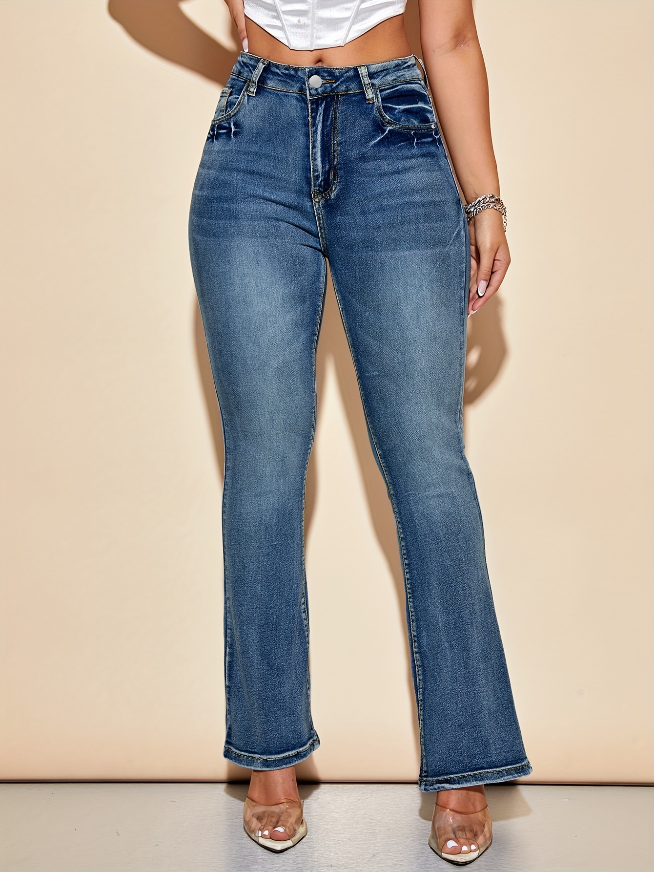 High Waist Casual Bootcut Jeans, Mid-Stretch Slant Pockets Denim Pants,  Women's Denim Jeans & Clothing