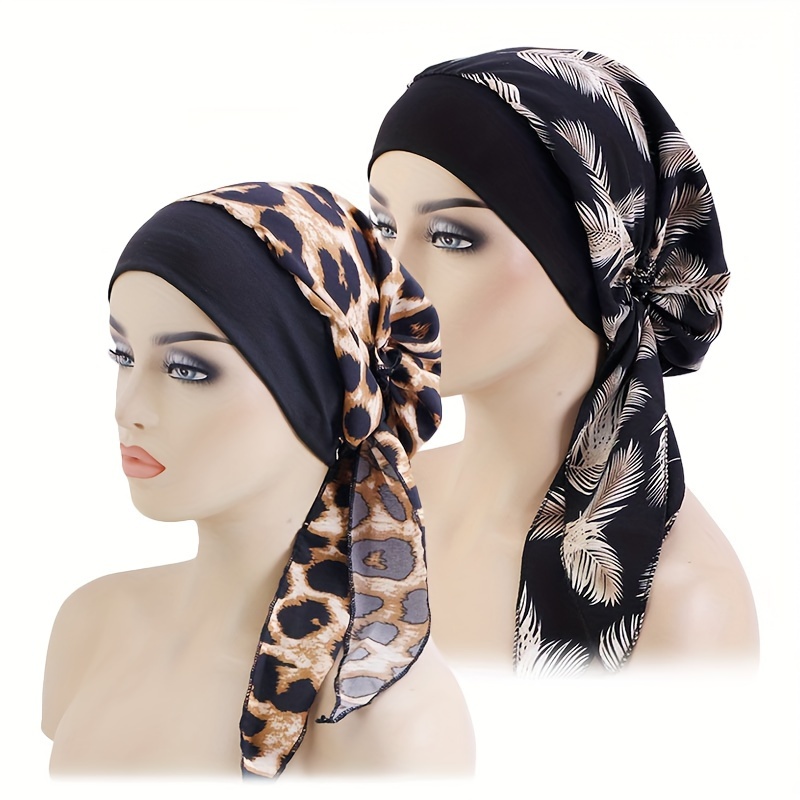 TEMU 2pcs Chic Tie-back Turban Hats With - Geometric Pattern, Knit Polyester, Hand Washable - Chemo Patients & Home Use