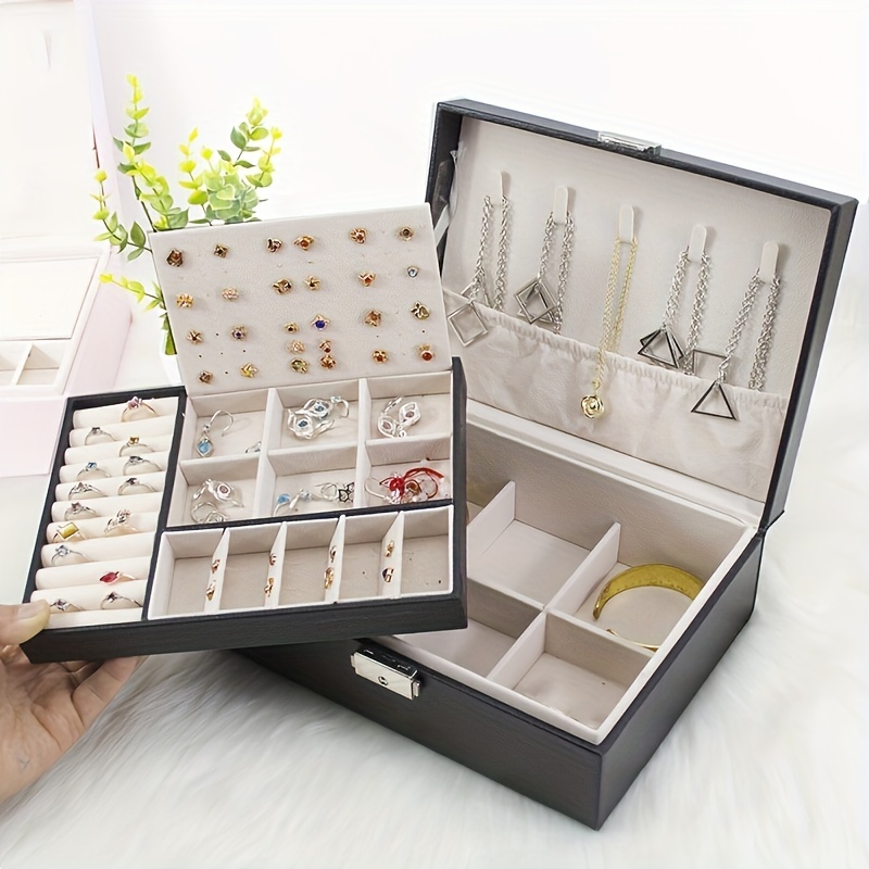 Travel Jewelry Box, Pu Leather Small Jewelry Organizer For Women Girls,  Double Layer Portable Mini Travel Case Display Organizer For Stud Earrings,  Rings, Necklaces, Bracelets - Temu