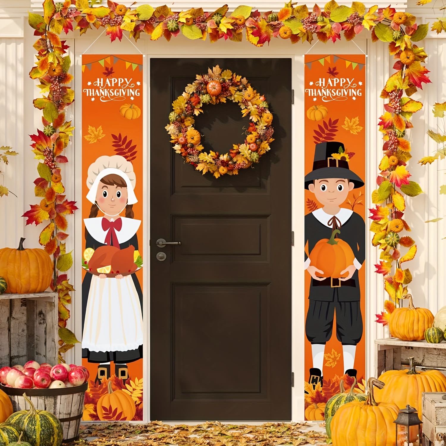 1Pair Thanksgiving Pilgrim Boy And Girl Front Porch Door Sign,Thanksgiving Harvest Front Door Banners For Autumn Thanksgiving Harvest Party Supplies Decorations