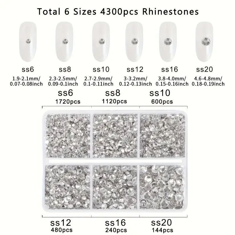 4300pcs 6 Sizes Crystal Flatback Rhinestones,Transparent Rhinestones Nail  Gems Round Crystal Rhinestones Clear Gems Rhinestones For Nails Crafts Makeu