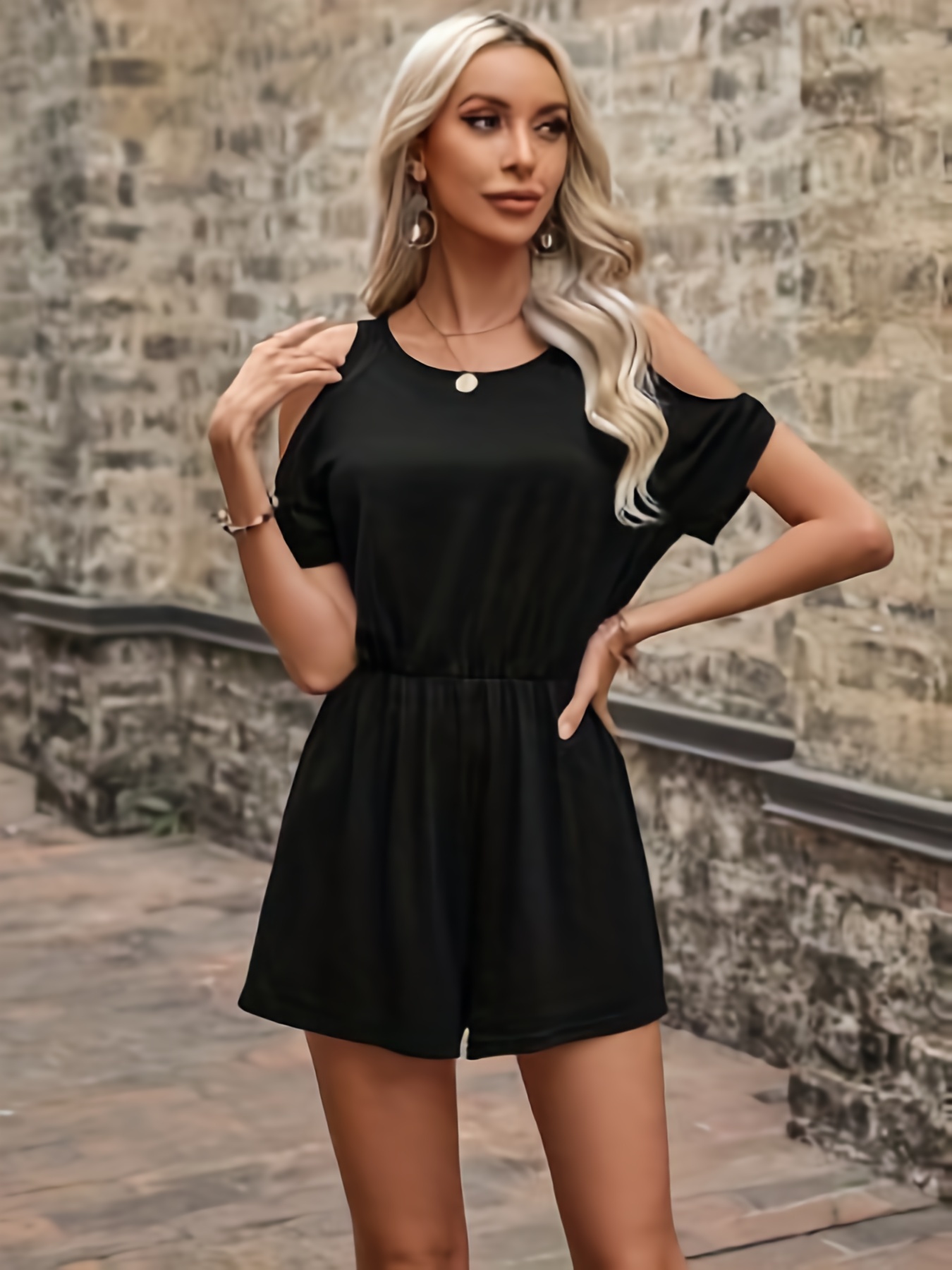 Womens Casual Short Rompers Off Shoulder Knot Front Ruffle Trim