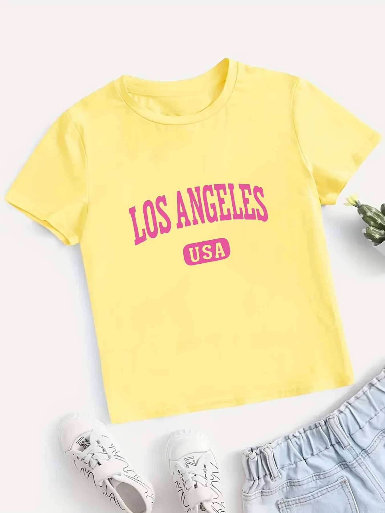 los Angeles'' Letter Print Casual T-shirt For Girls, Comfy Fit