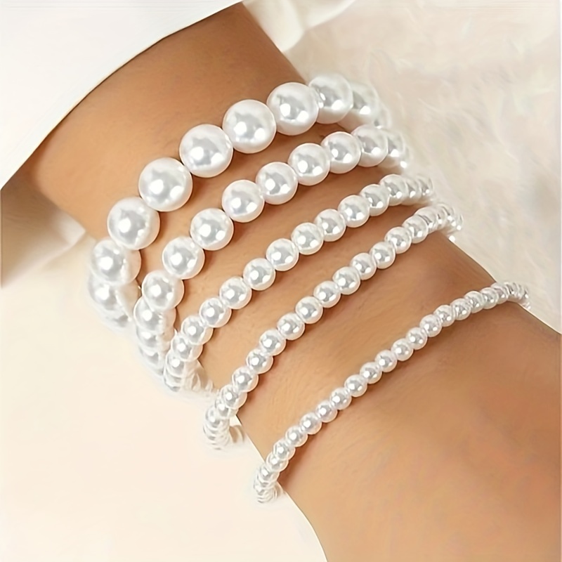 

5pcs/set Baroque Style Faux Pearl Bracelet Elastic Bracelet Vintage Hand Jewelry Gift