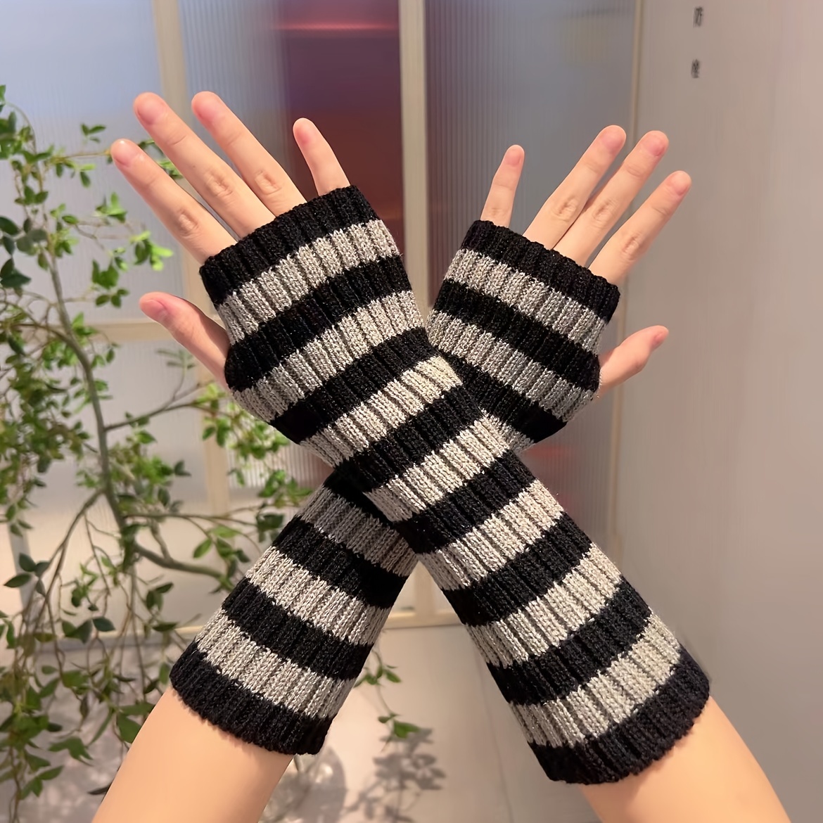 Two Tone Striped Fashion Long Gloves Fingerless Arm Cover - Temu