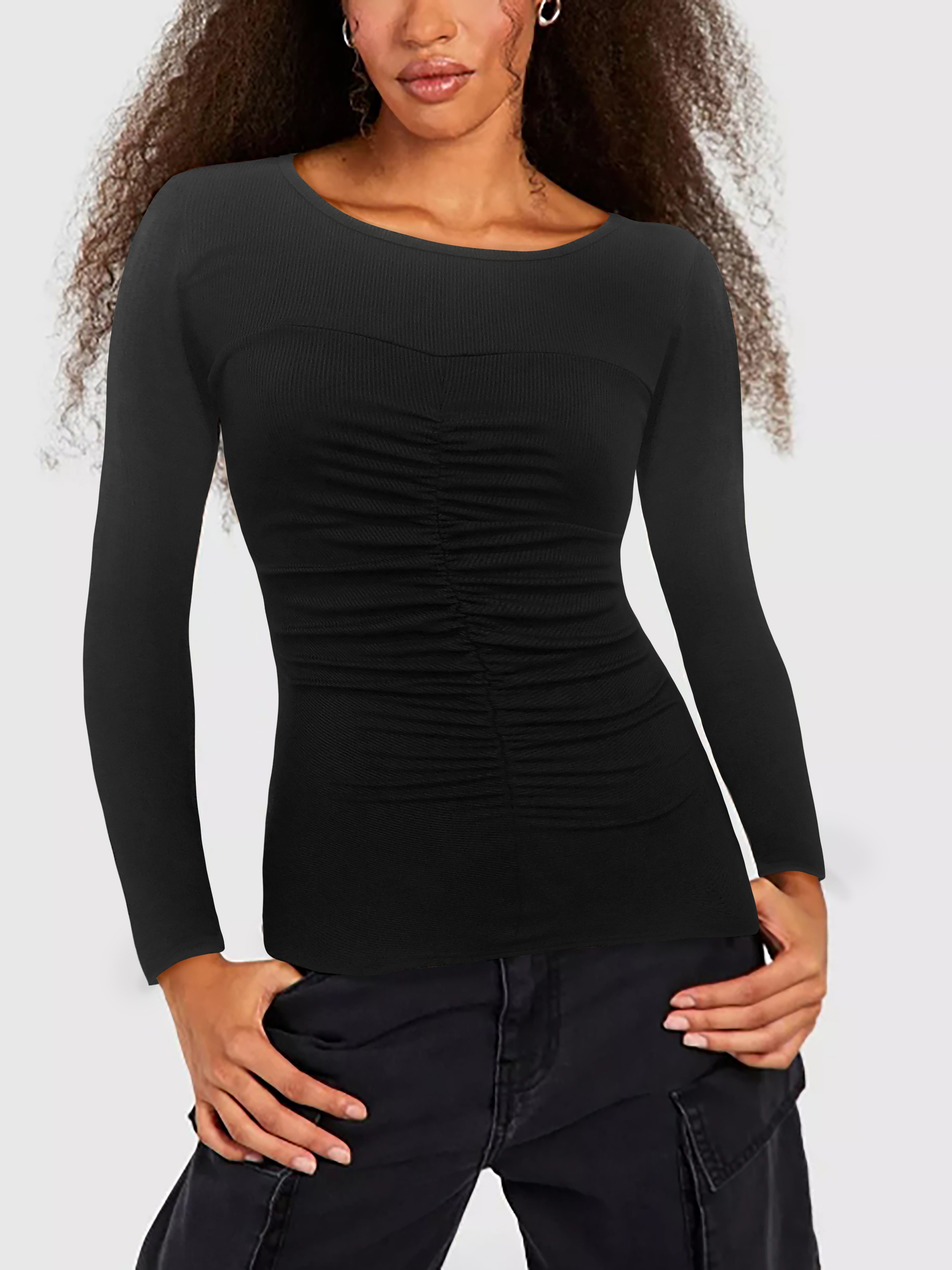 Women Ribbed Tops Looose Hide Belly For Legging Basic T-shirt Stretchy Shirt  Long Sleeve V-Neck Plain Cute Tees Casual, Black, Small : :  Clothing, Shoes & Accessories