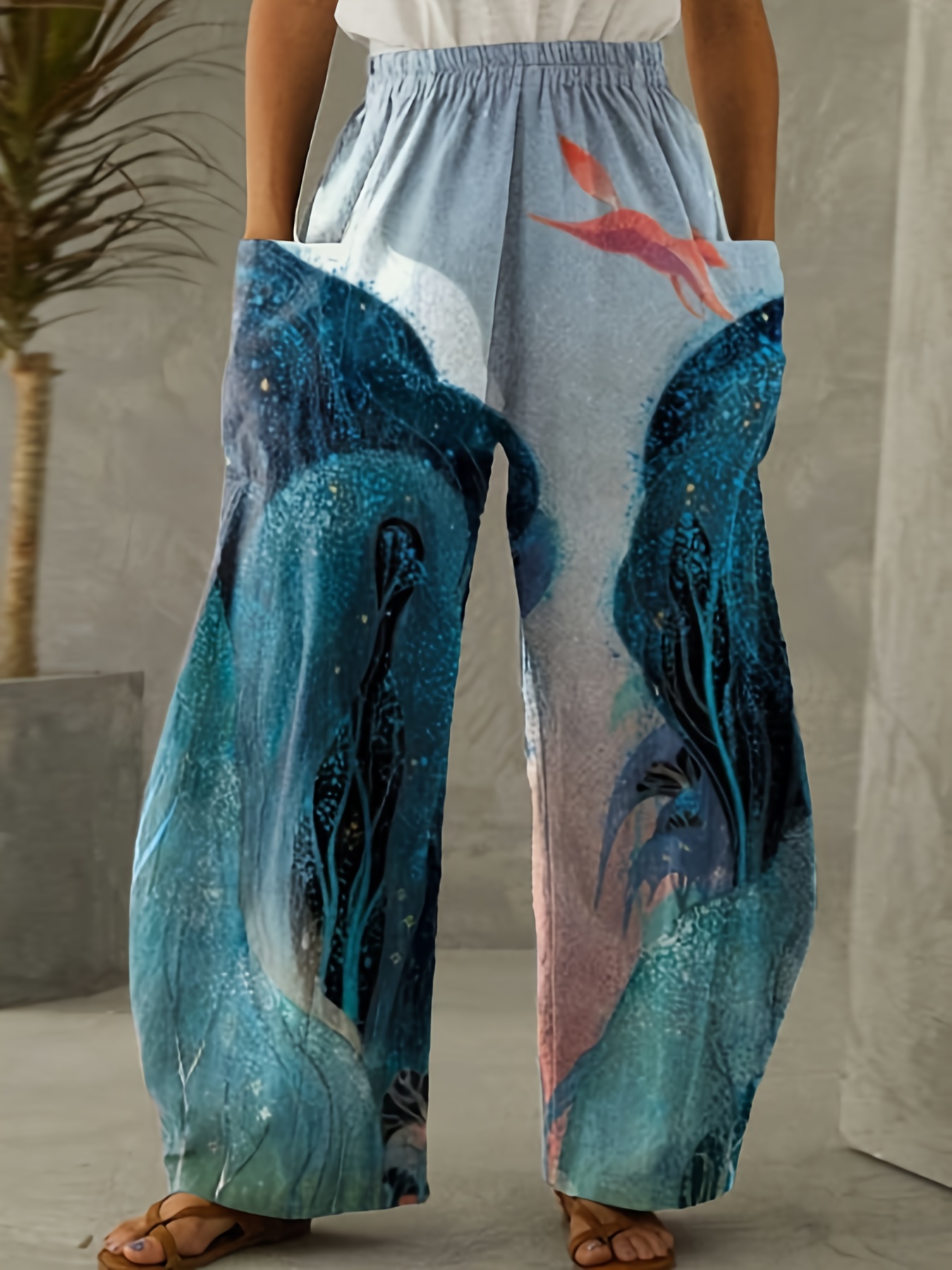 Plus Size Geometric Print High Wide Leg Pants Women's - Temu Spain