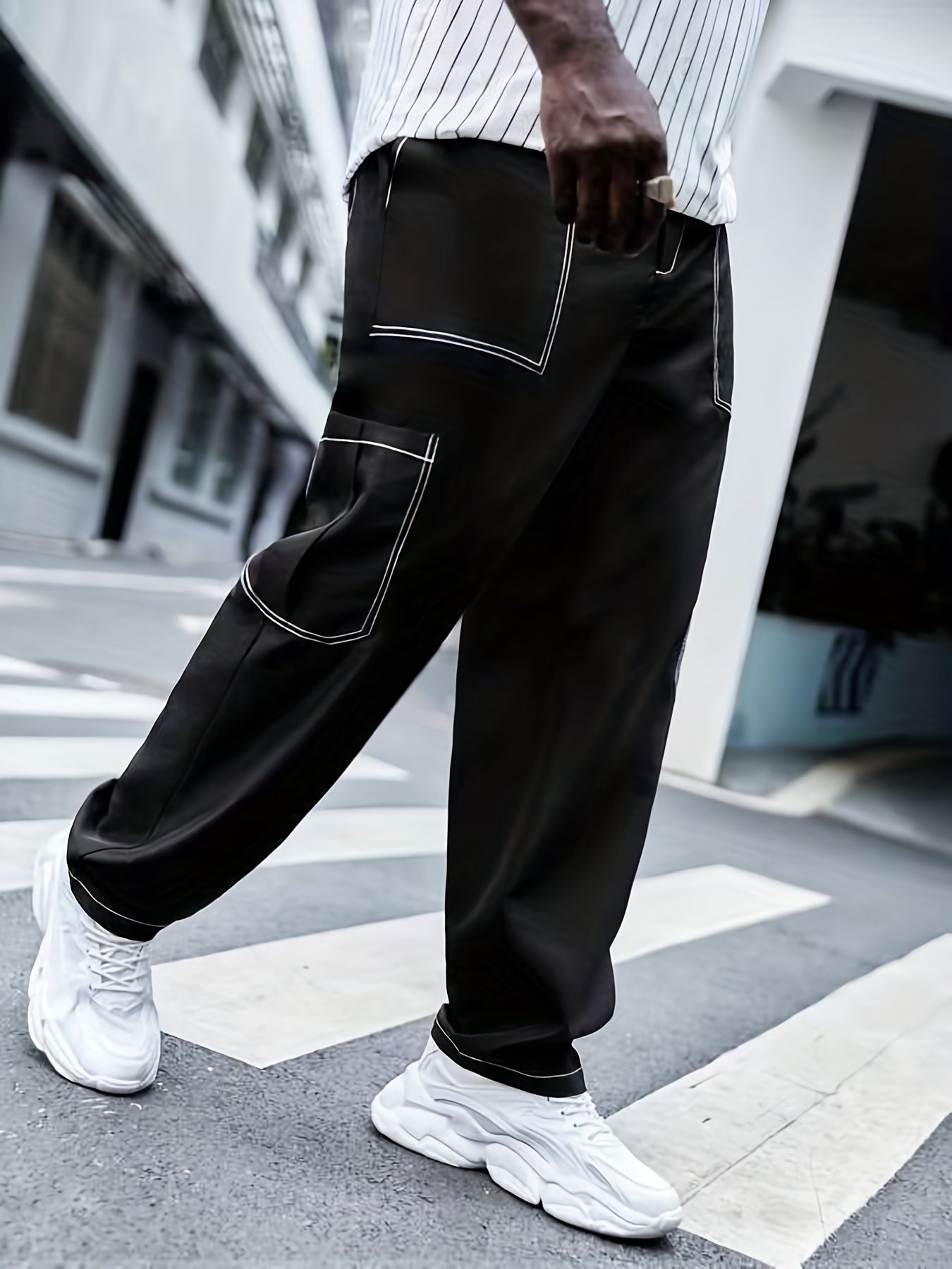 Mens Cotton Cargo Pockets Pants Loose Casual Trousers Straight Leg Plus Size
