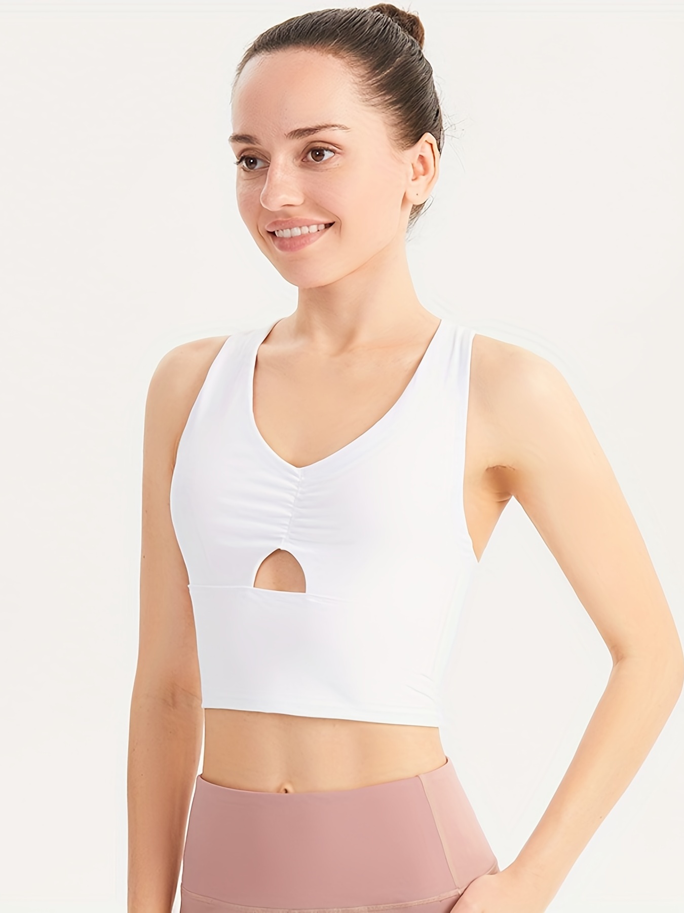 Pleated V neck Sexy Sports Bra Solid Color Medium Support - Temu
