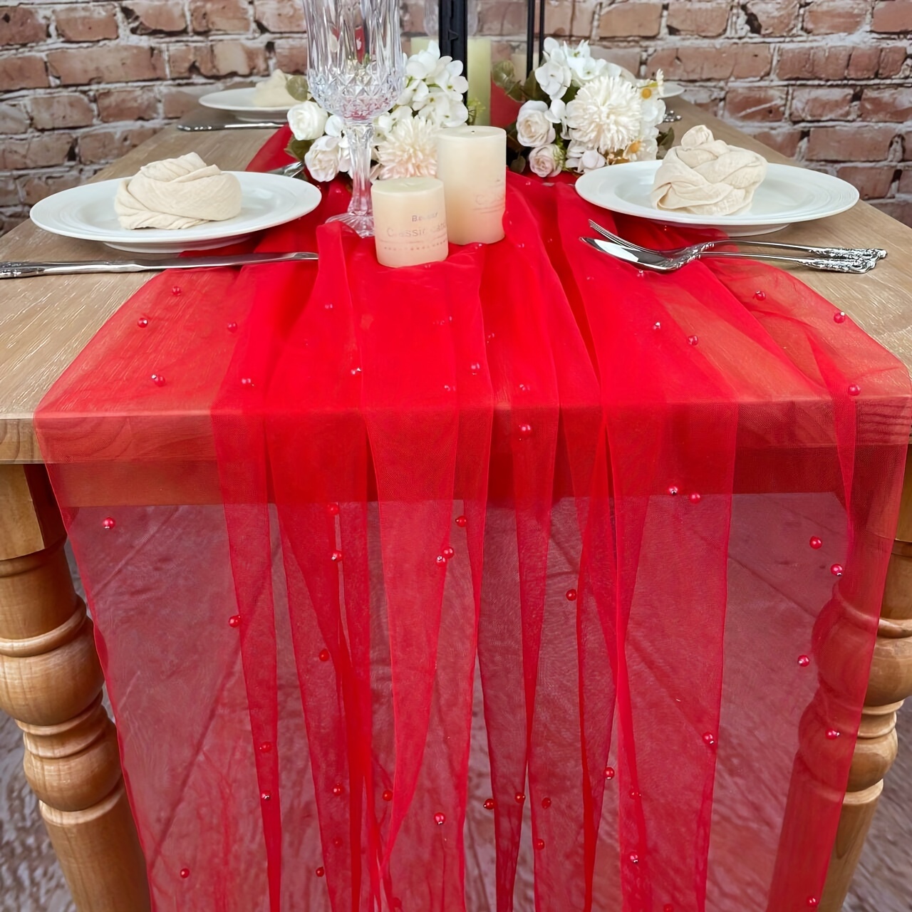 Artificial Pearl Decor Table Flag White Pearl Tulle Table - Temu