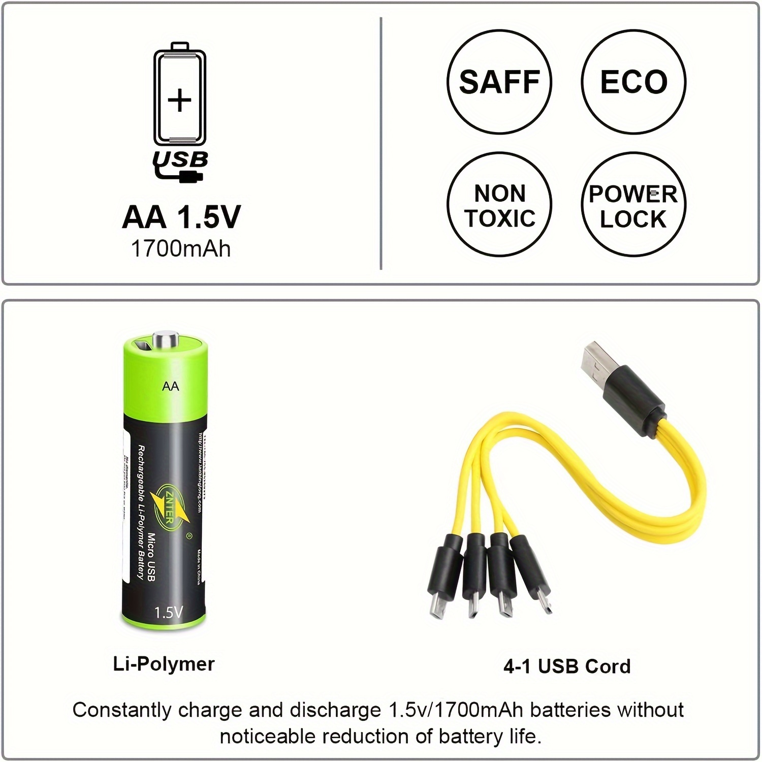 Znter 1.5V 1700mAh USB Rechargeable AA LiPoly Battery (4pcs)