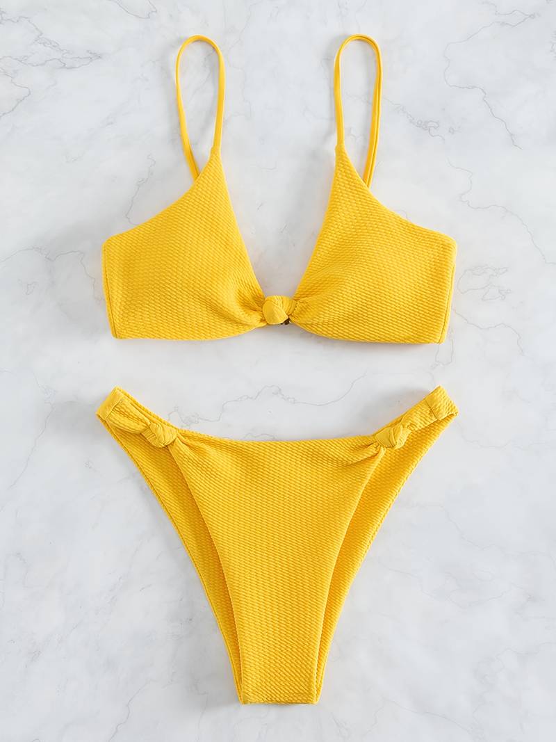 Rib Knit Twist Solid Bikini Set, High Stretch Casual Women's Bathing ...