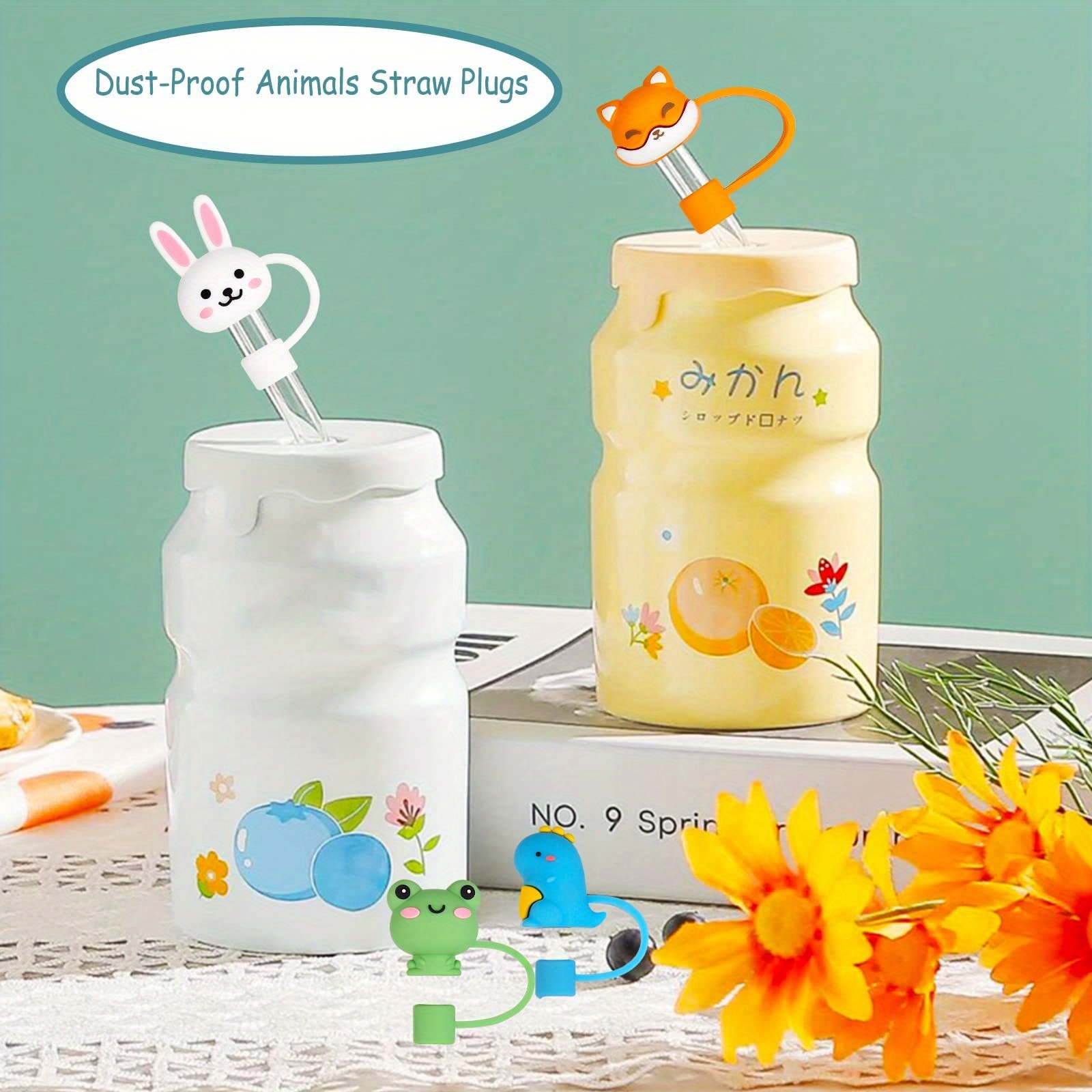 Reusable Drinking Straw Covers 12pcs Food Grade Silicone Straw Covers Cap Cute Animals Straw Toppers Dust-proof Portable Straw Protector Suitable for