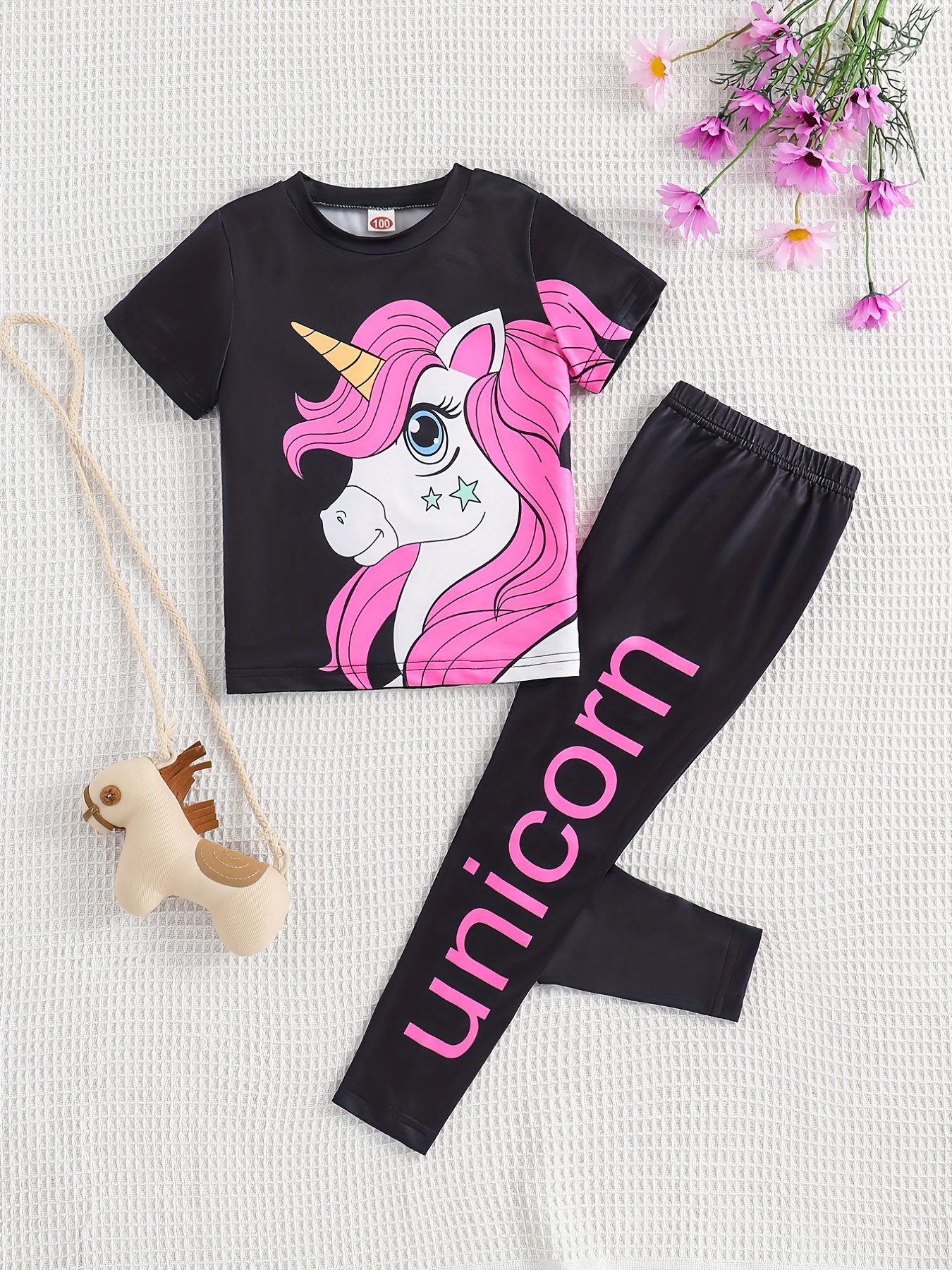 Girl's T shirt Elastic Waist Pants Set Unicorn Print Short - Temu