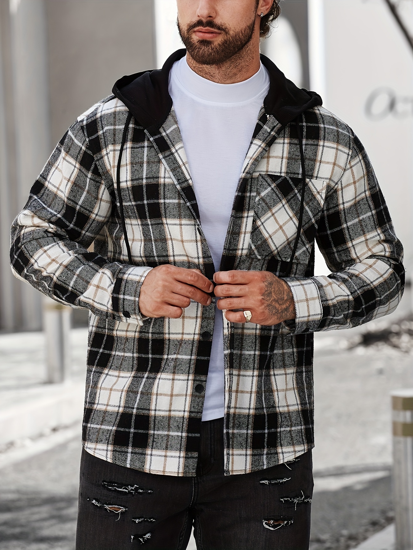 Casual Plaid Pattern Men's Long Sleeve Hooded Shirt Jacket - Temu