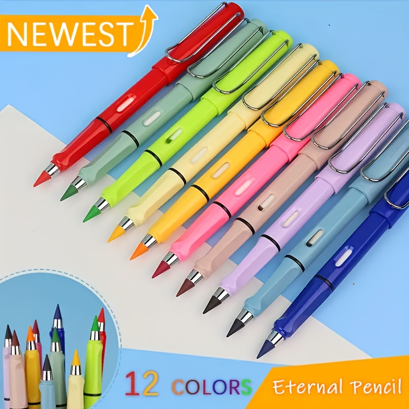 12 Pcs Forever Pencil with Eraser Colored Art Pencil Inkless Pencil with  Clips, Long Lasting Writing Black Technology Endless Writing Pencil for  Kids