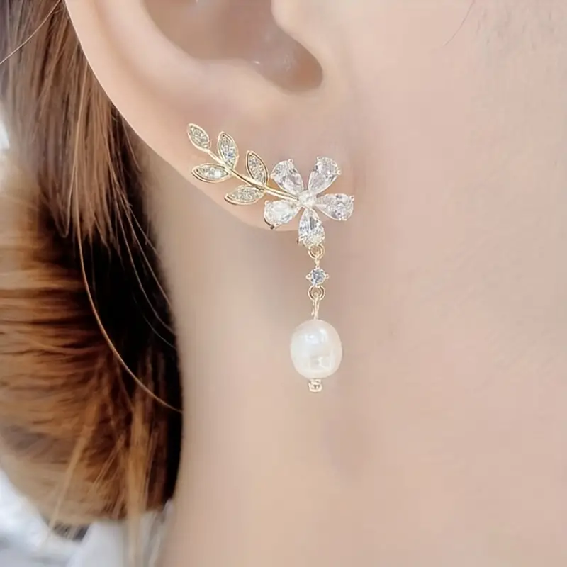 zircon flower faux pearl decor earrings vintage elegant earrings fashion party or everyday wear details 2