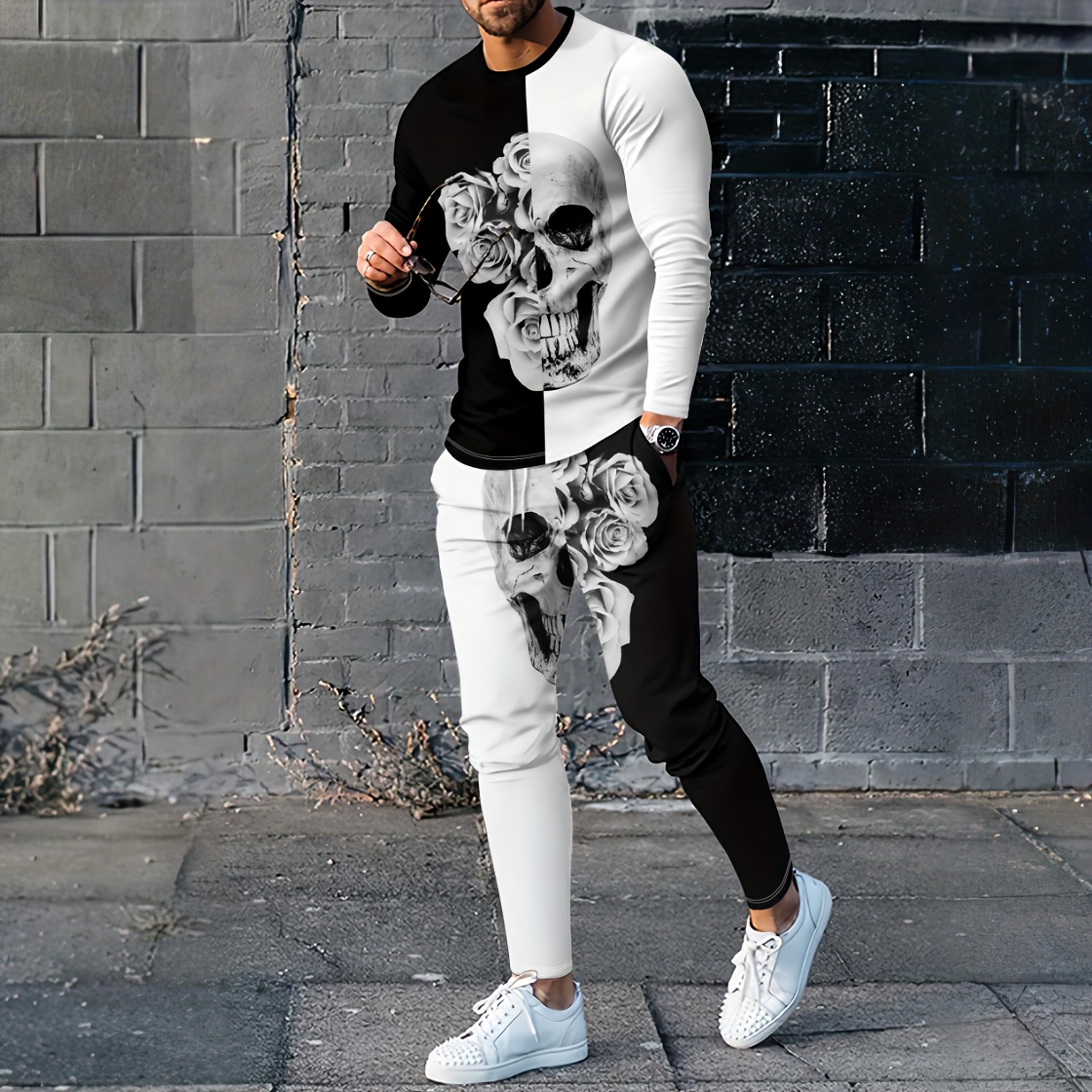 Skull Pattern Men s Outfits Casual Crew Neck Shirt Long Temu