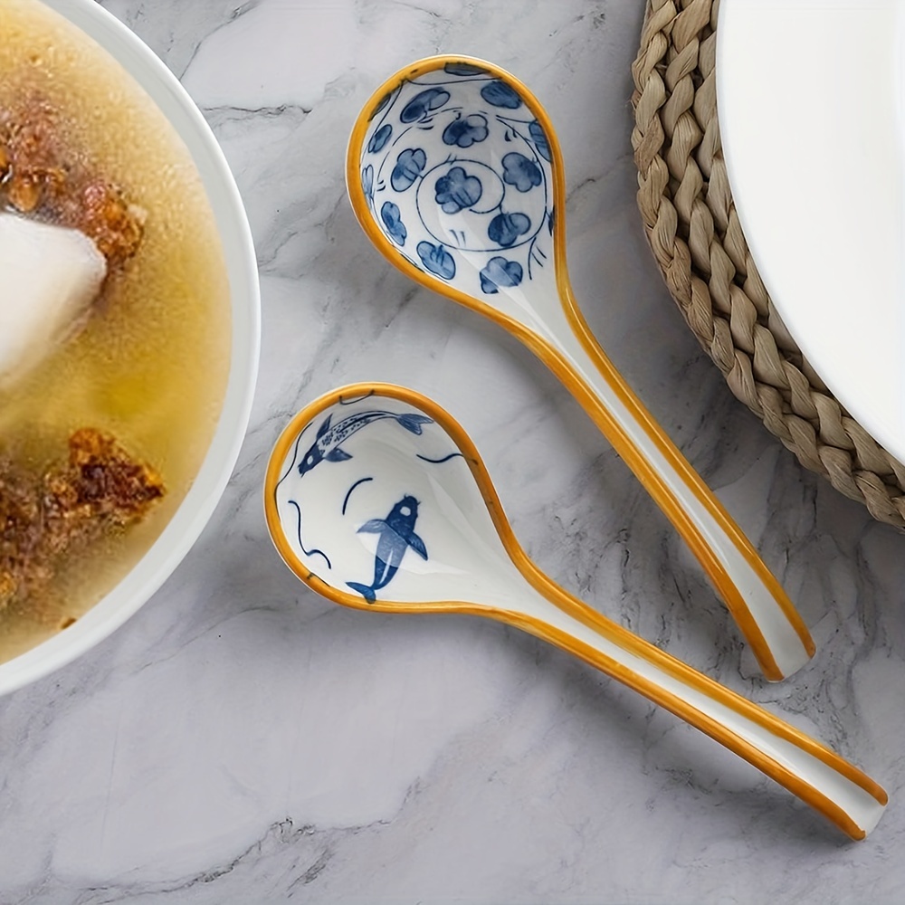 8 Long Handle Blue Ceramic Ladle, Large Soup Spoon