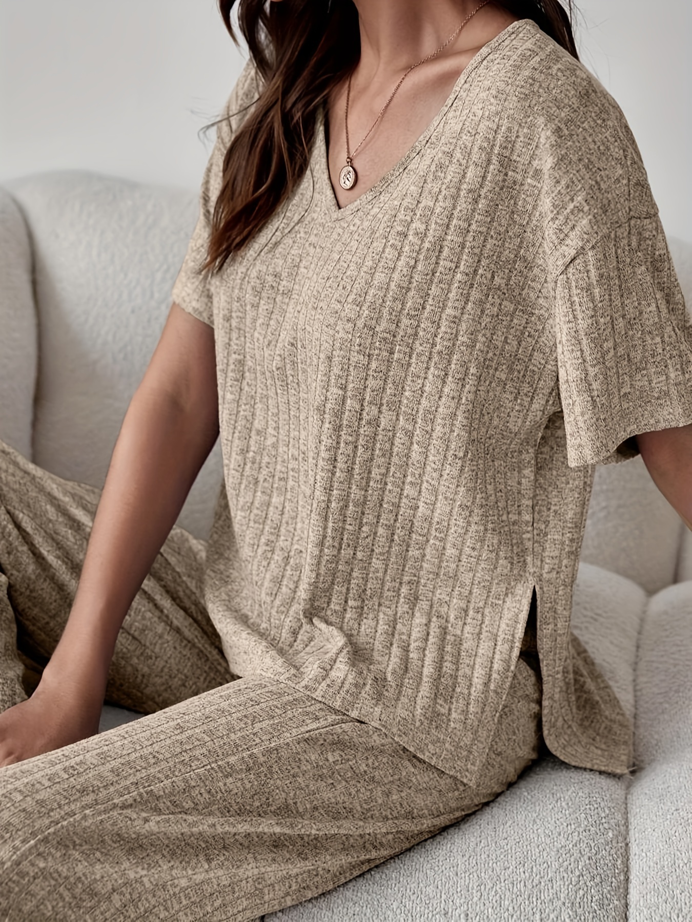 Knitted V Neck Sweater and Pants Lounge Set