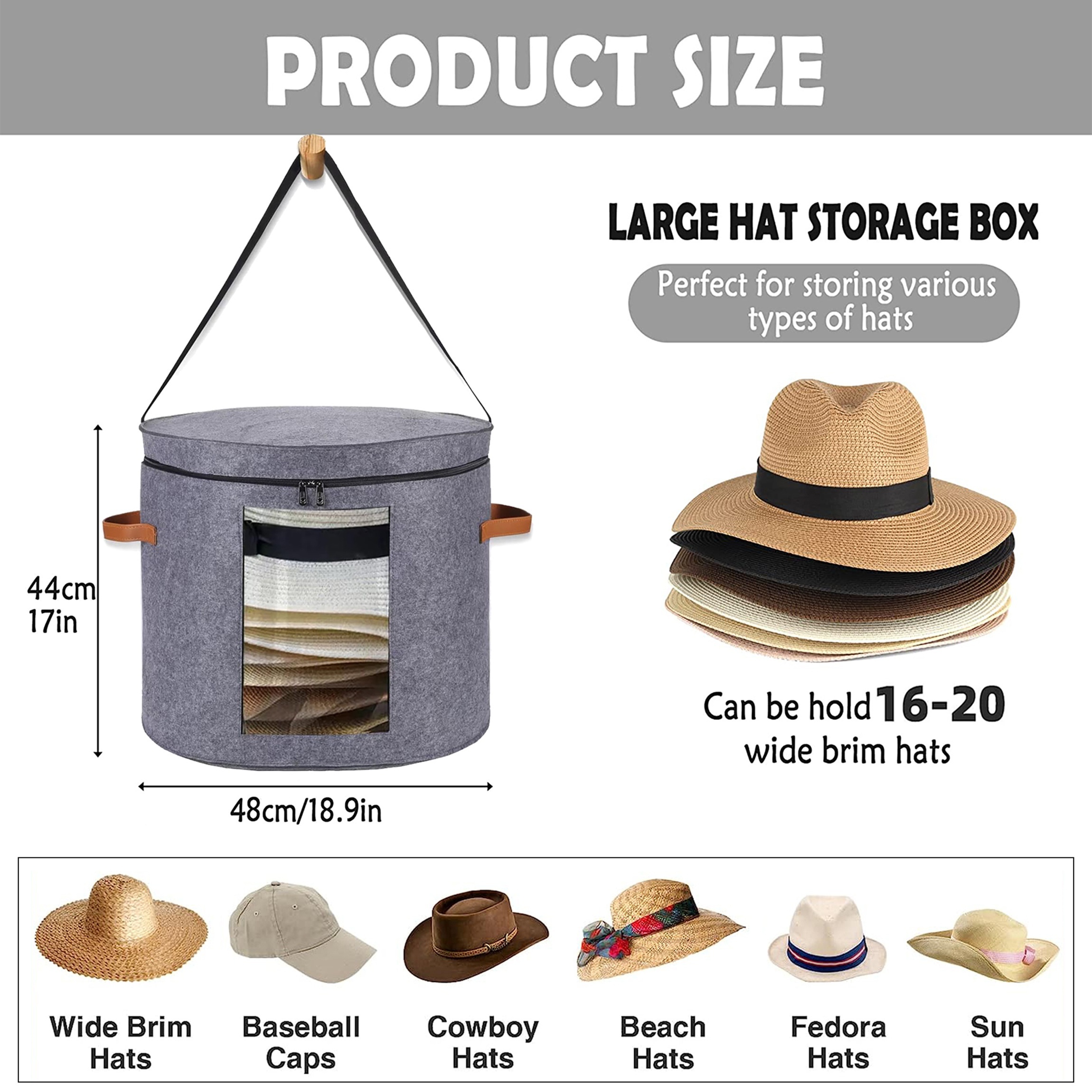 Felt Hat Storage Box For Women & Men, D X H Foldable Round Cowboy