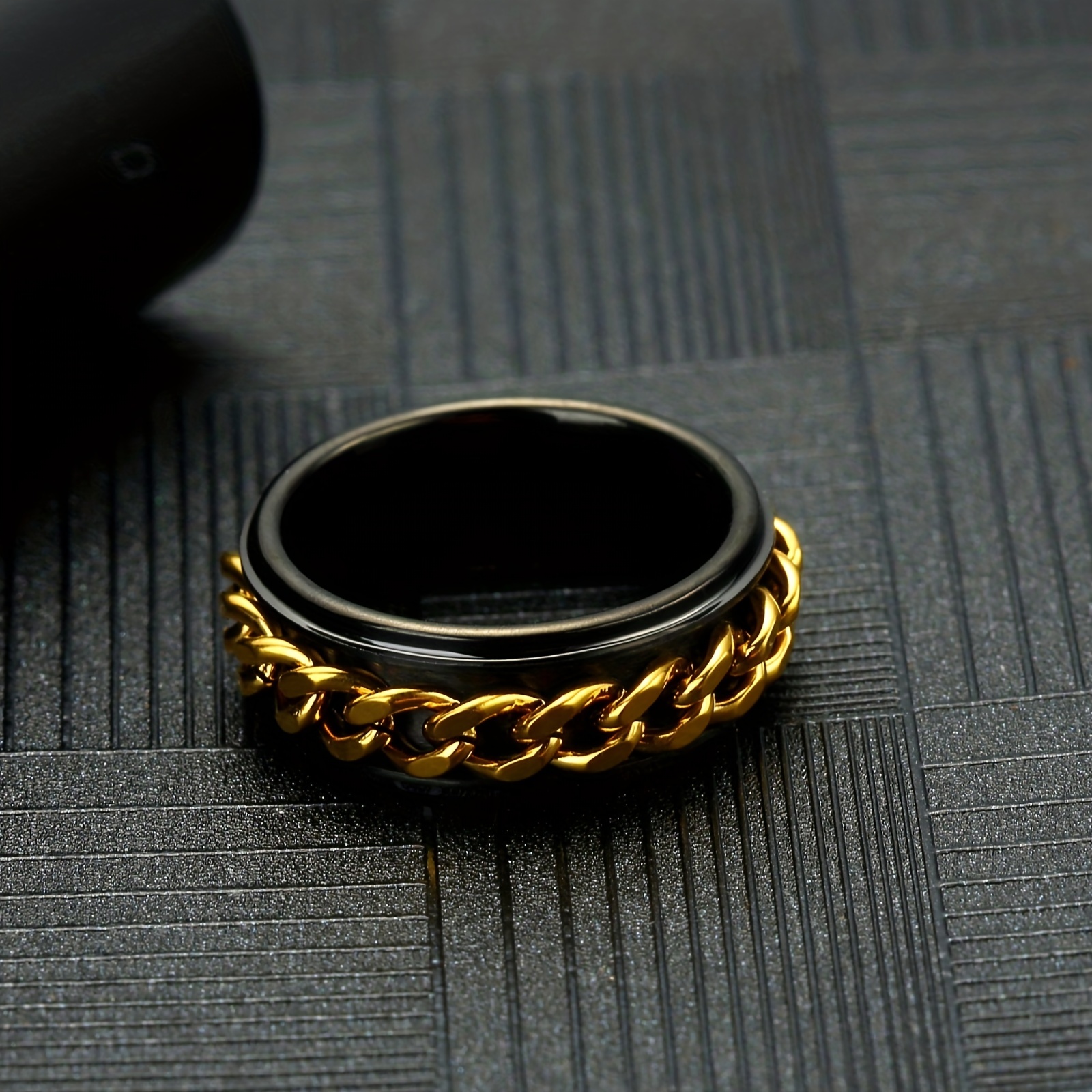 1pc 8mm Golden & Black Fashion Chain Rotating Stress Relief Ring, Punk  Style Men's Ring Wedding Ring