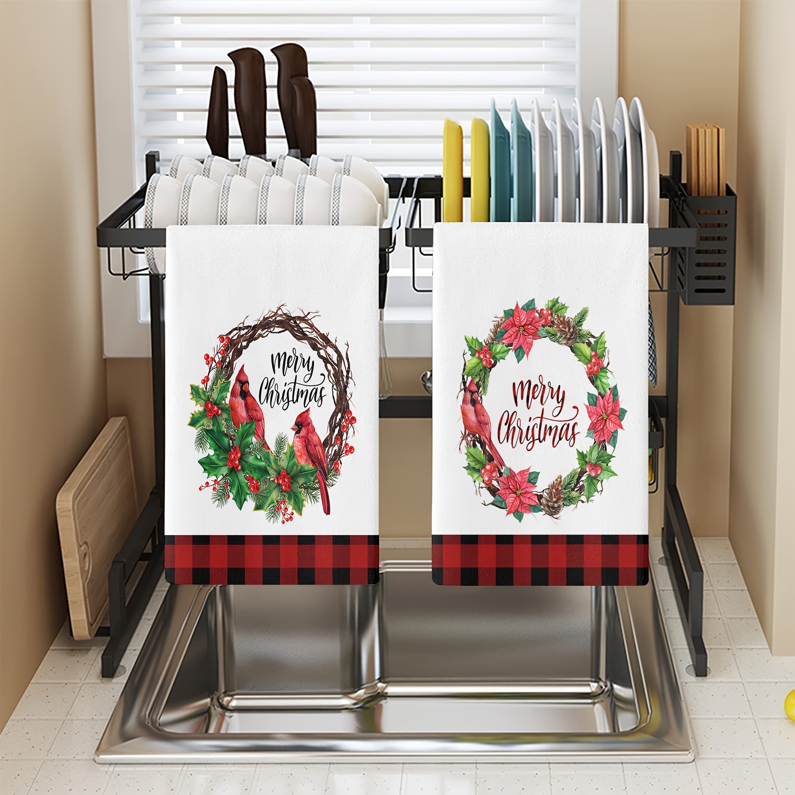 Christmas Pattern Dish Towels, Soft Absorbent Fingertip Towel