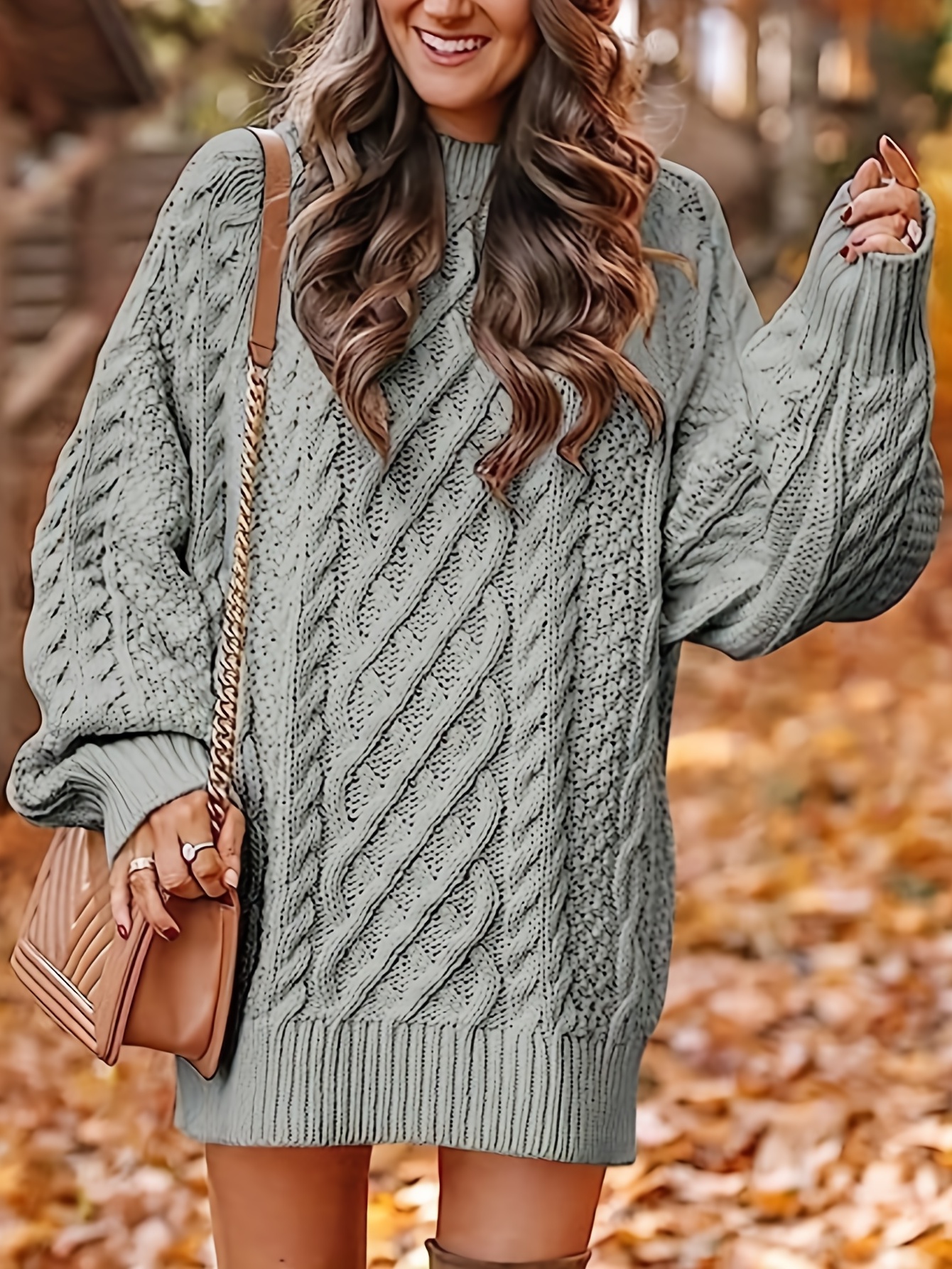 Cable Knit Sweater Dress Casual Solid Long Sleeve Dress - Temu United  Kingdom