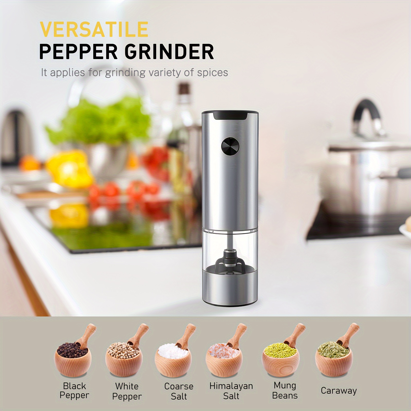 Pepper Grinder, Household Sea Salt Ginder, Electric Adjustable Spice Grinder,  Automatic Pepper Mill, Reusable Pepper Crusher For Kitchen Camping Picnic  Camping, Kitchen Gadgets, Kitchen Supplies, Chrismas Gifts, Halloween Gifts  - Temu