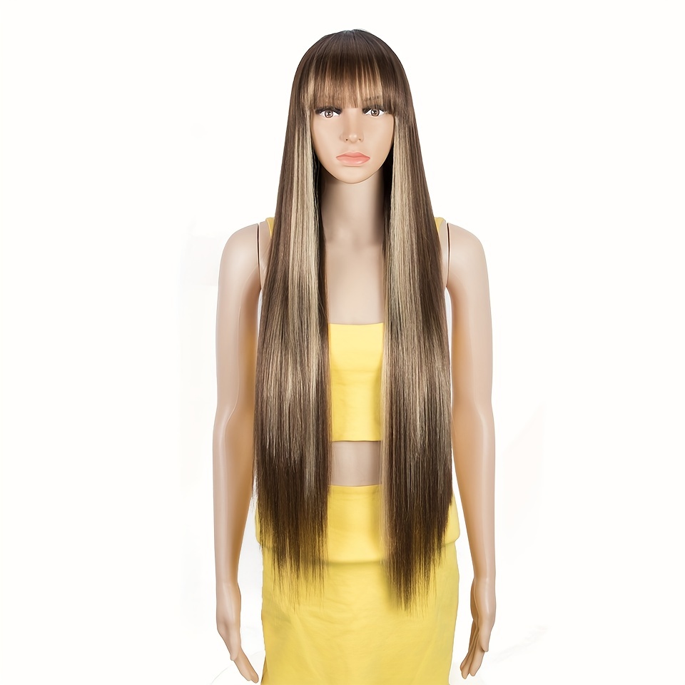 Synthetic Blonde Wigs Bangs Extra Long Straight Hair Silky Temu