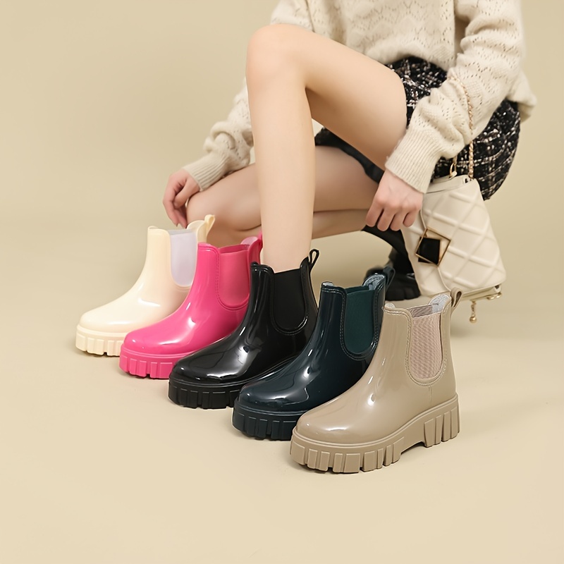 Botas Lluvia Color Sólido Mujer Zapatos Impermeables Fondo - Temu