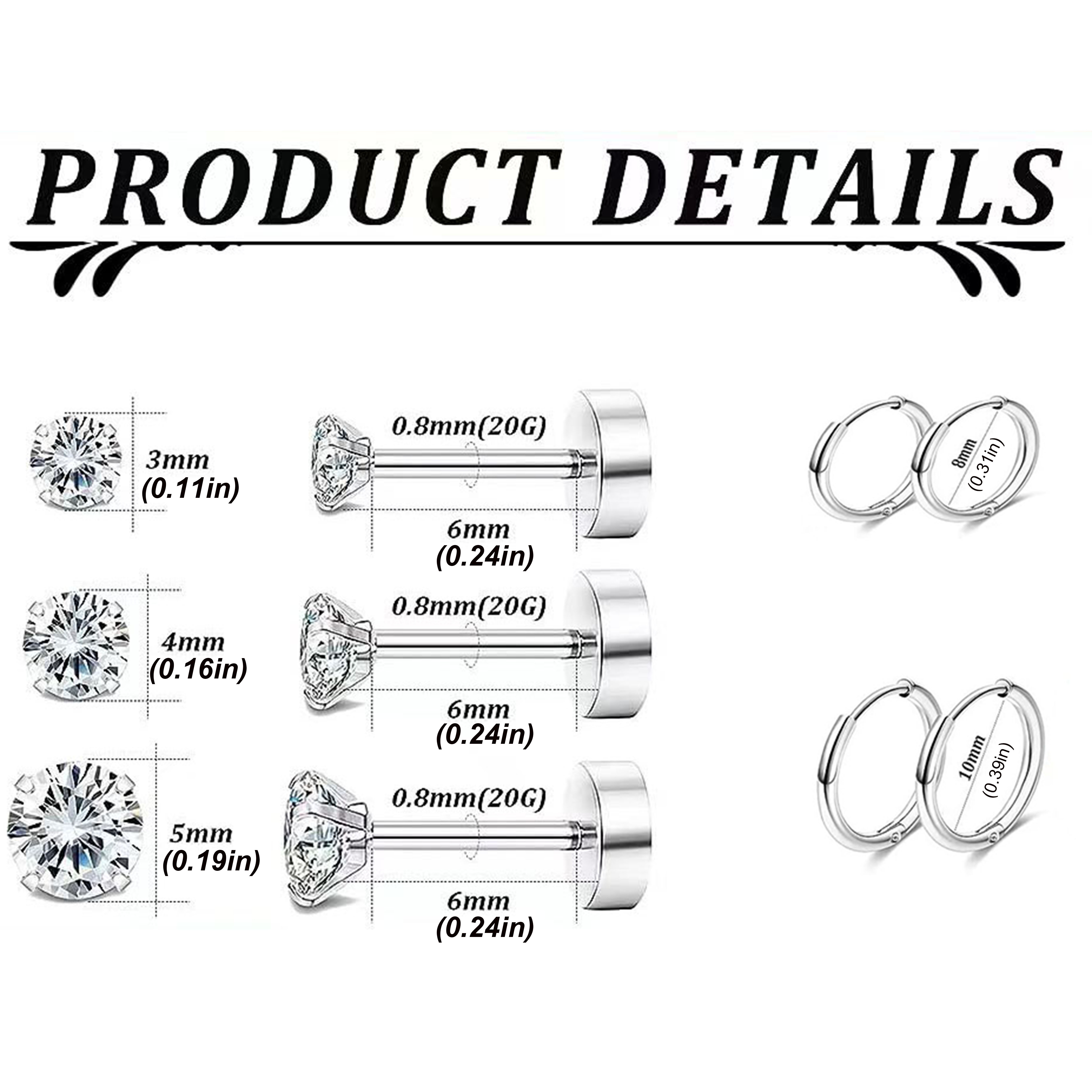 TEMU 1 Juego De 10 Piezas, Pendientes De Aro De Acero Inoxidable 316L, Pendientes De Botón De Circonita Sintética, Joyería Unisex Para Uso Diario,