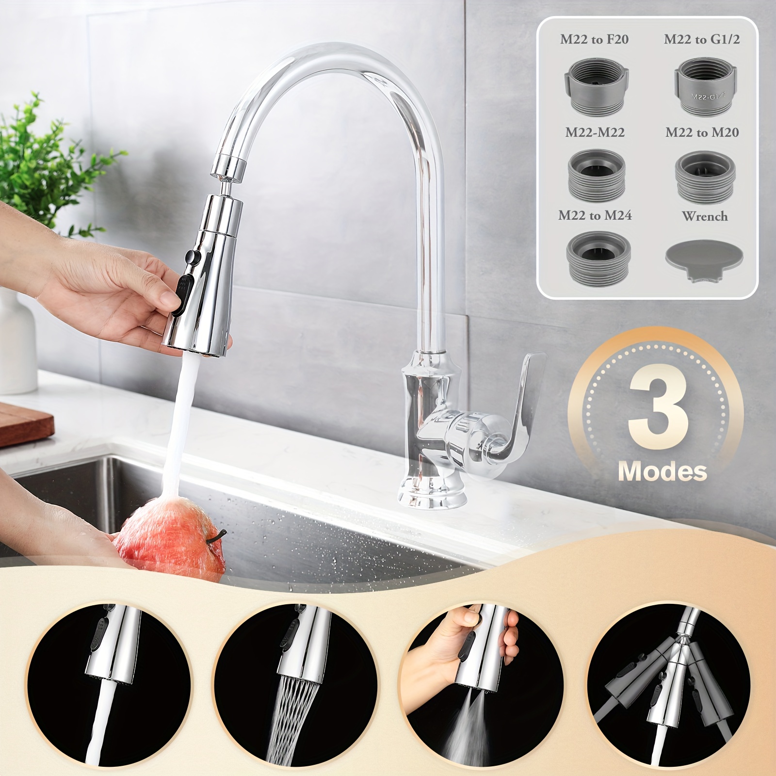 

1pc Kitchen Upgraded 3 Functions With 5 Adapters Sink Faucet Head Replacement, Can Rotate 360 Degrees Faucet Spray Head, Kitchen Sink Spray Head