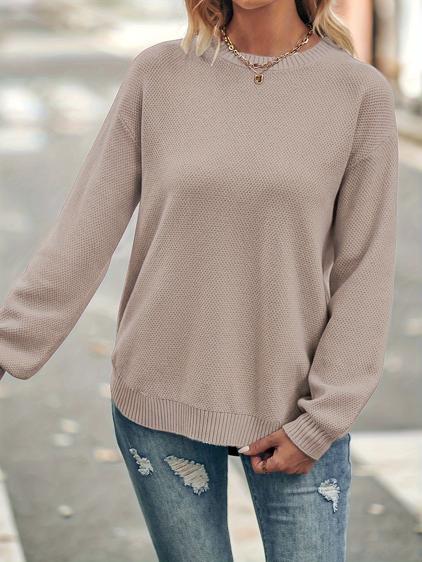 Comprar Jersey largo de otoño e invierno para mujer, suéter con cuello  redondo, manga larga, parte inferior de punto holgada, Top de Color sólido