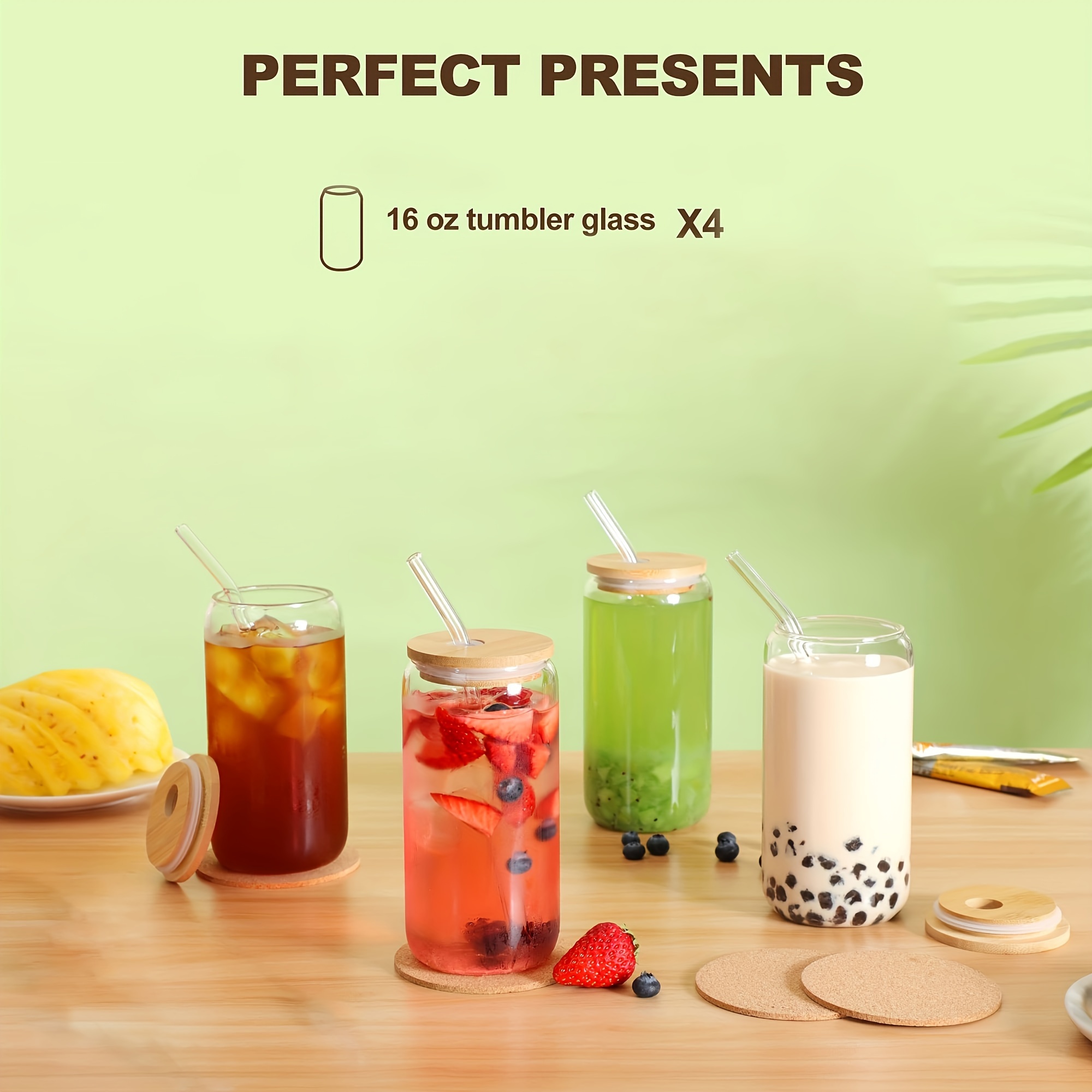 glass cups bamboo lids glass straws 4pcs set 16oz beer - Temu Oman