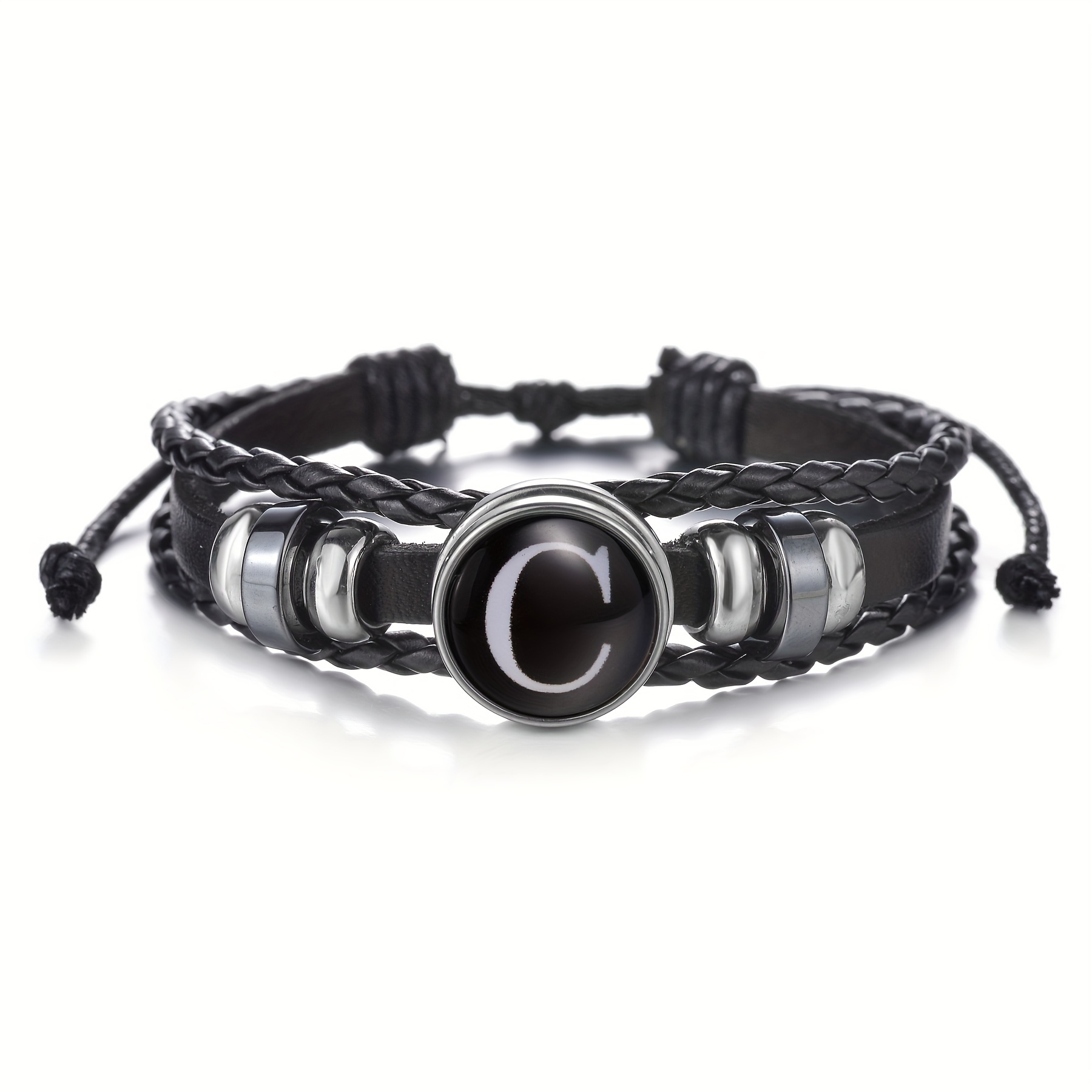 Double Layer Men Name Bracelet - Black Leather