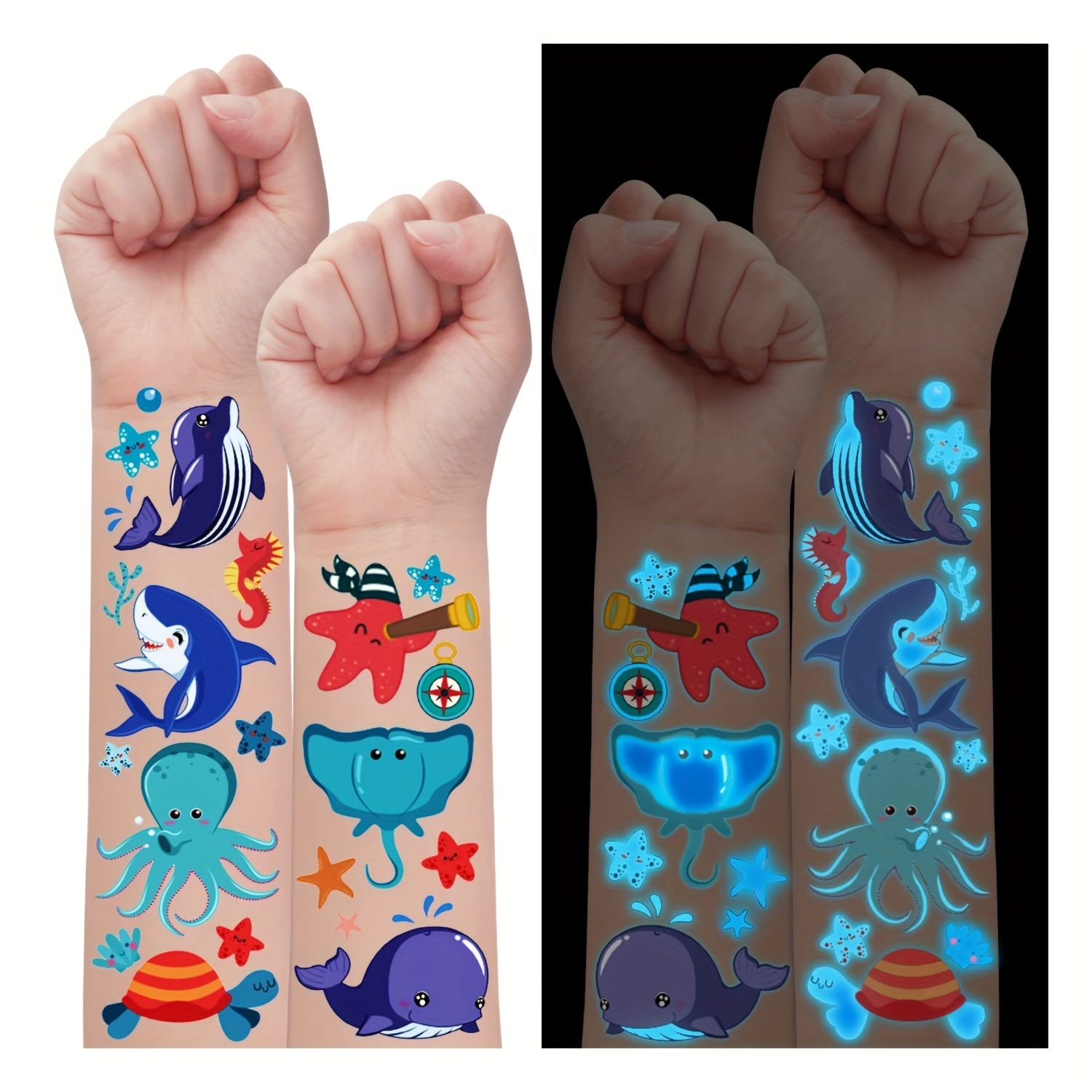 

170 Styles (12 Sheets) Luminous Blue Under Sea Temporary Tattoos Glow Ocean Beach Pool Birthday Party Decorations Supplies Favors, Fake Tattoo Stickers For Gifts