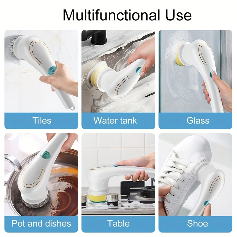 set electric scrubber with 5 replaceable brush heads portable spin scrubber cordless handheld cleaning brush for bathroom tub wall tiles floor kitchen details 2