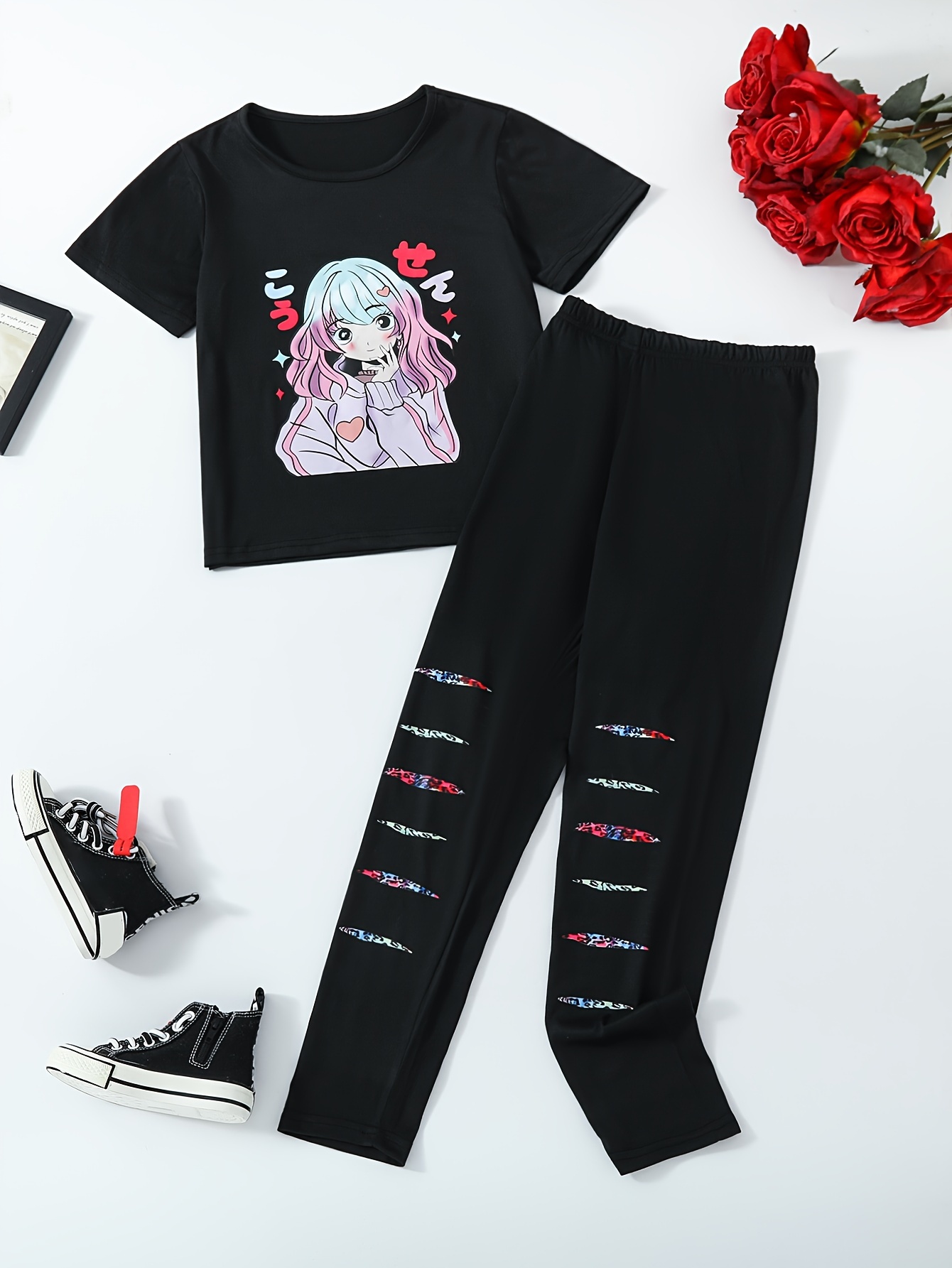 Cute Anime Girl Print Outfits Comfy Short Sleeve Top + Pants - Temu