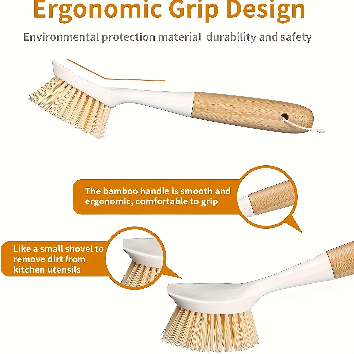 Dish Brush, Scrub Brush Cleaner with Bamboo Long Handle Good Grip